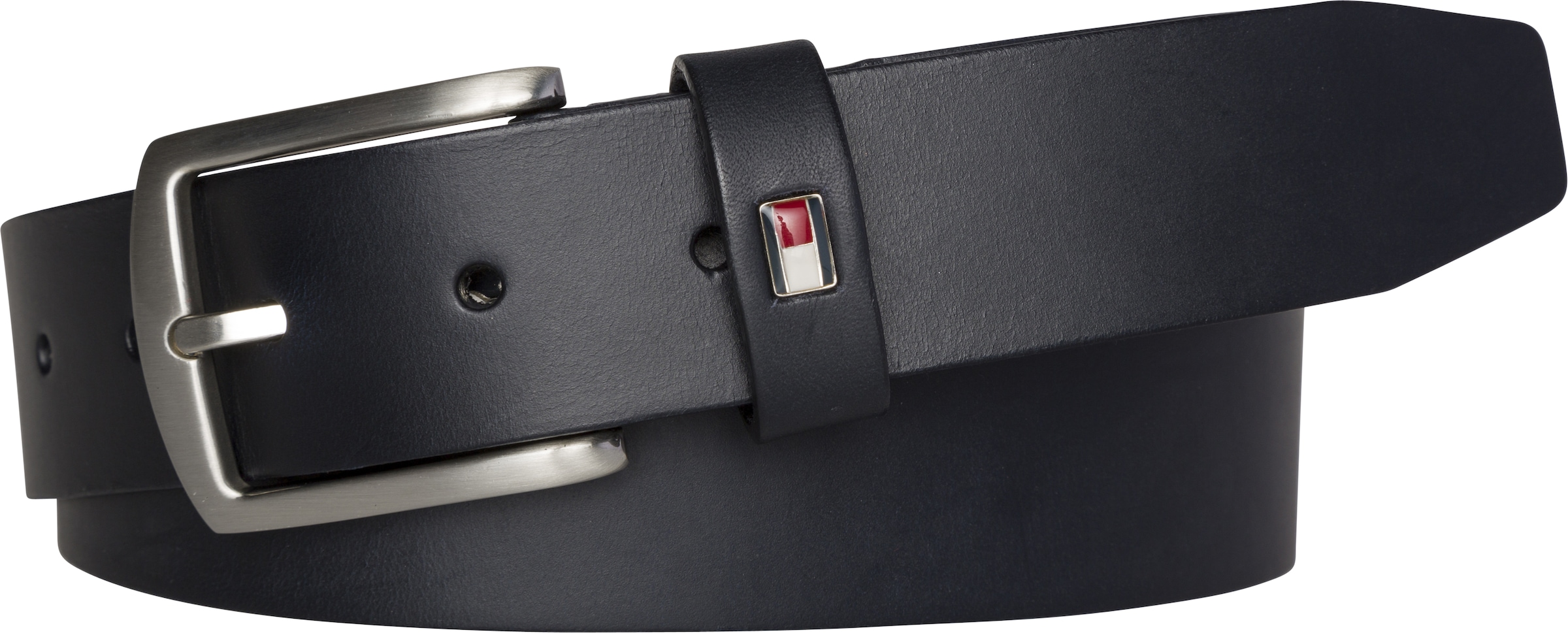 Tommy Hilfiger Ledergürtel »DENTON 3,5«, Robuster Ledergürtel mit Flag-Label, silberfarbenne Schnalle, verstellbar
