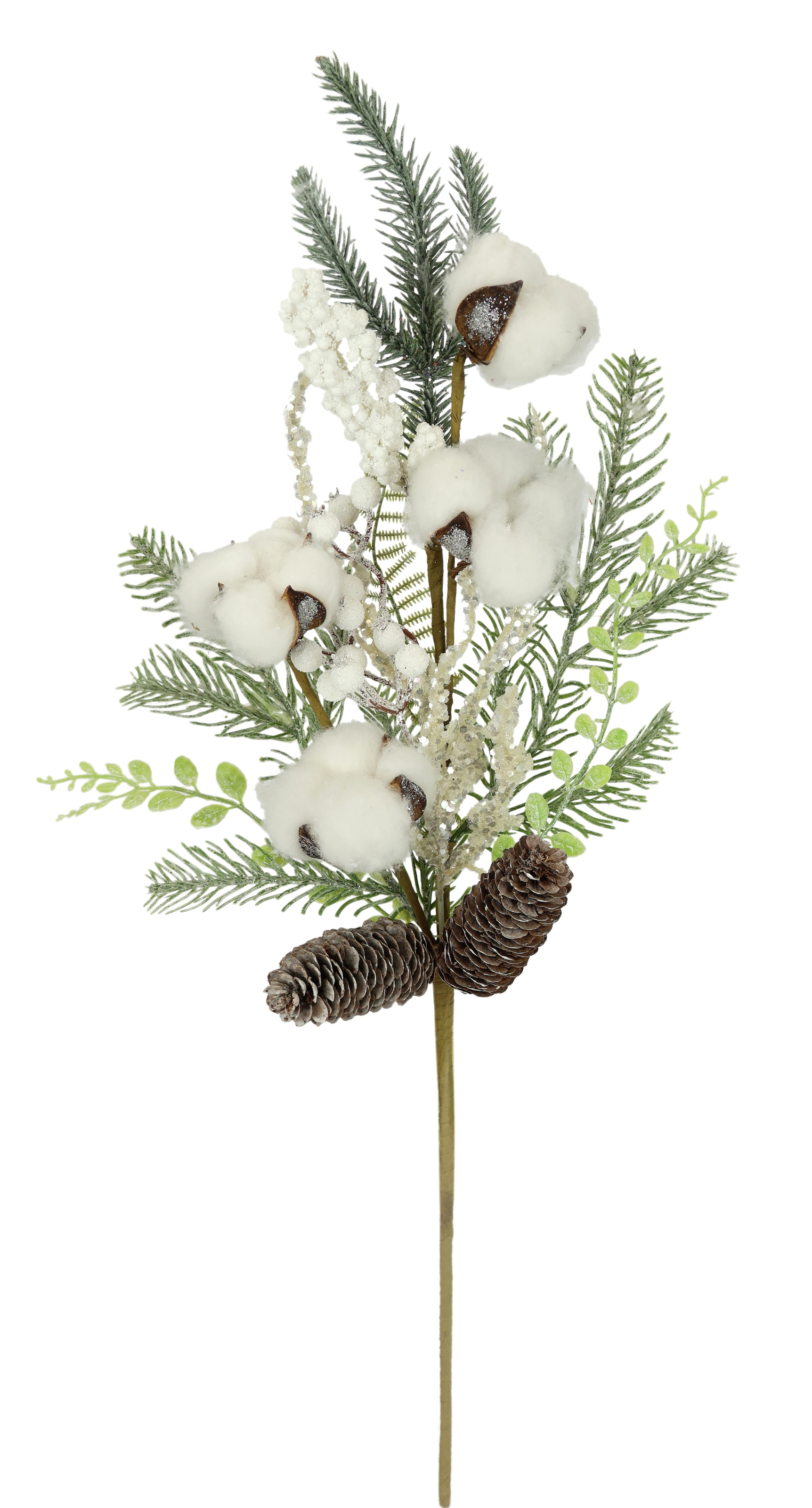I.GE.A. Kunstzweig »Künstlicher Zweig Zapfen/Beeren/Baumwolle/Tanne«, Dekozweig Zweig Deko für Girlande Kranz Weihnachtsdeko