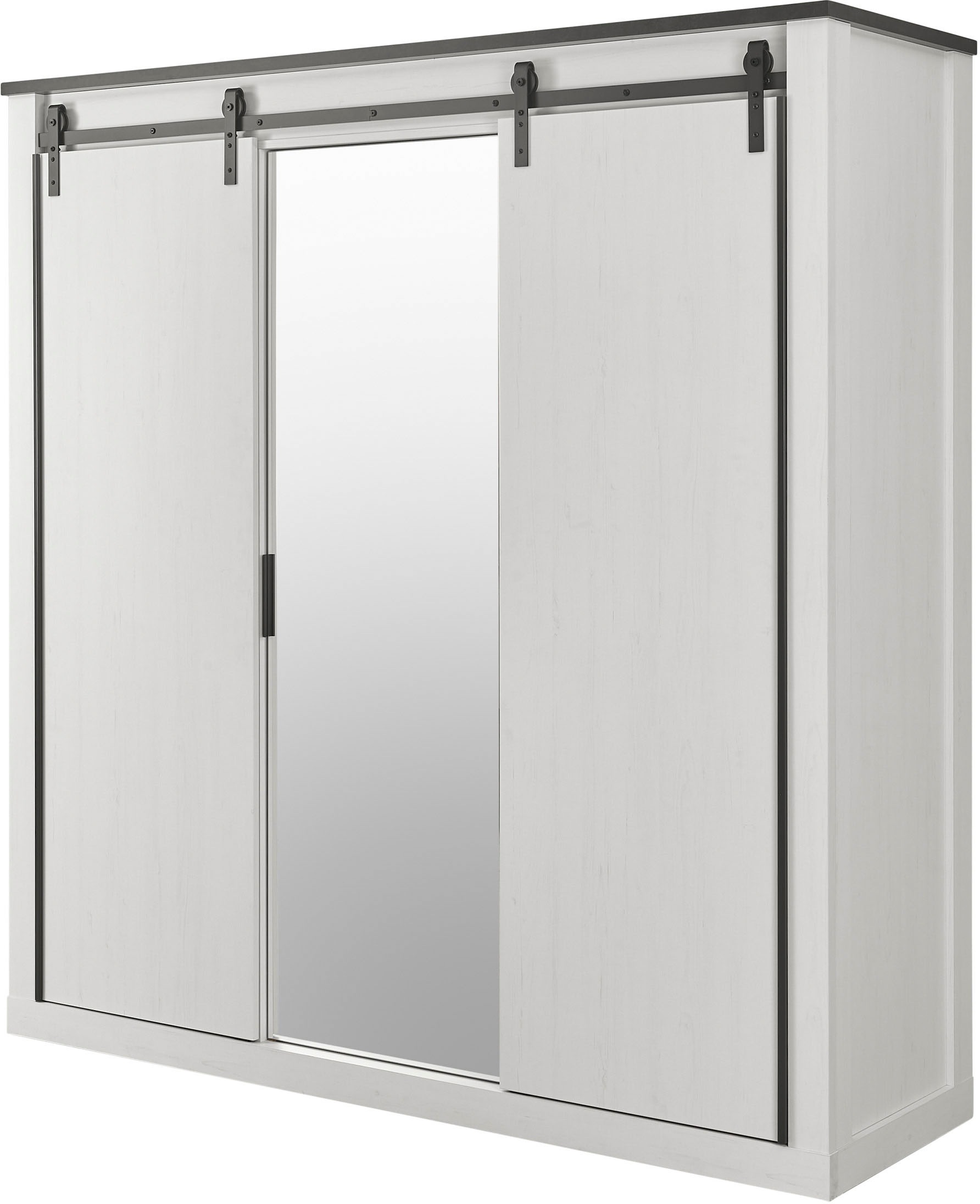 Home affaire Kleiderschrank »SHERWOOD Schlafzimmerschrank mit Spiegel Wäscheschrank«, Schiebetüren mit Scheunentorbeschlag aus Metall, B/T/H 201/63/209cm