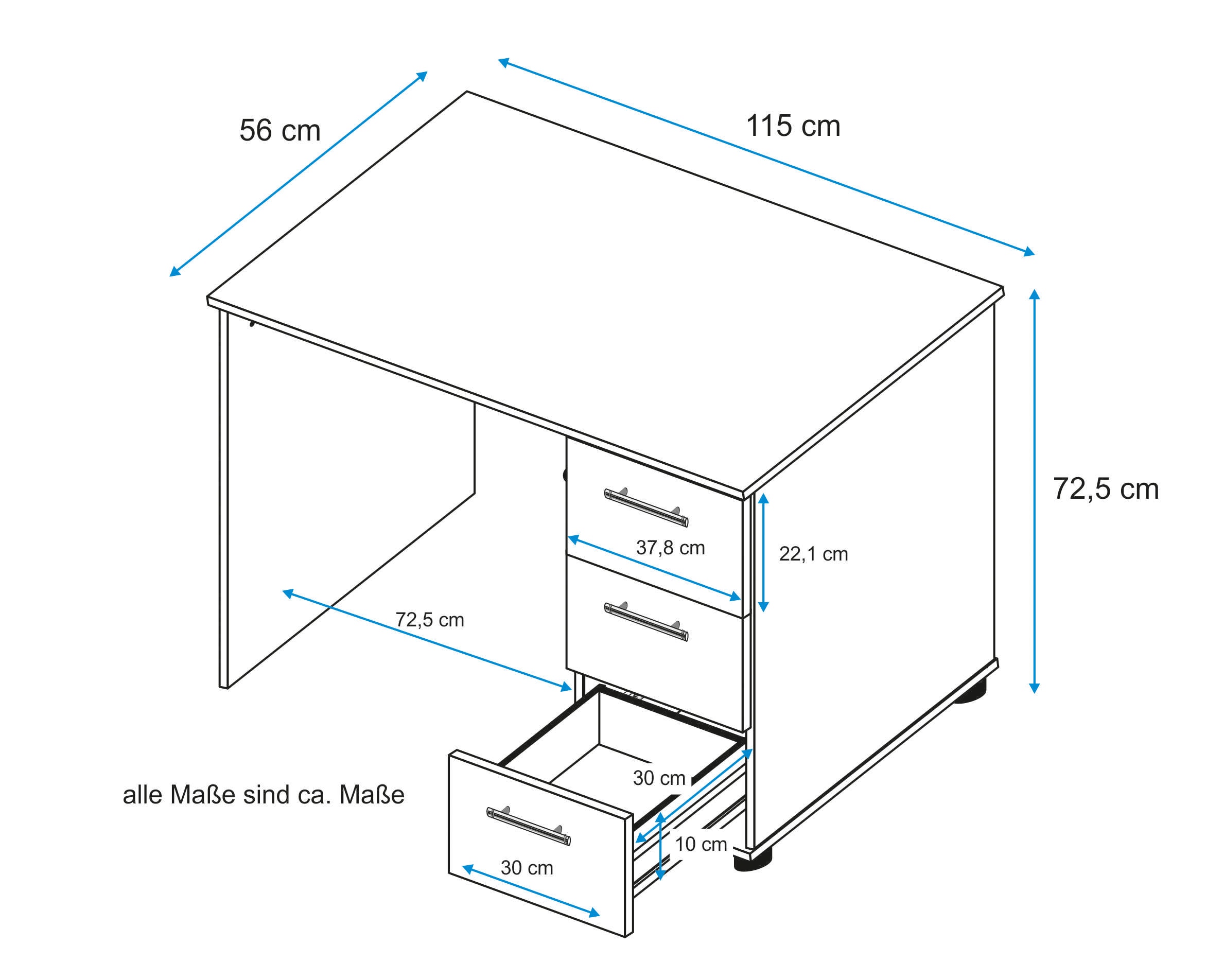 VOGL Möbelfabrik Schreibtisch »Tobi, optional mit Tastaturauszug,«, mit 3 Schubkästen, Breite 115 cm, Made in Germany