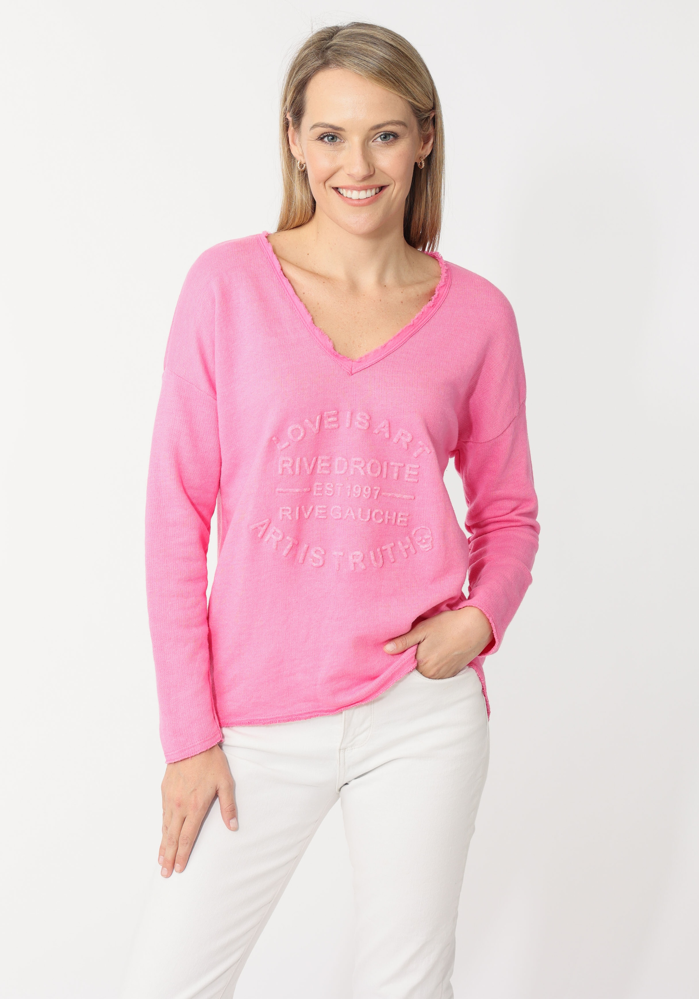 Zwillingsherz Sweatshirt, ausgefranster V-Ausschnitt, Vintage Look, Langarm