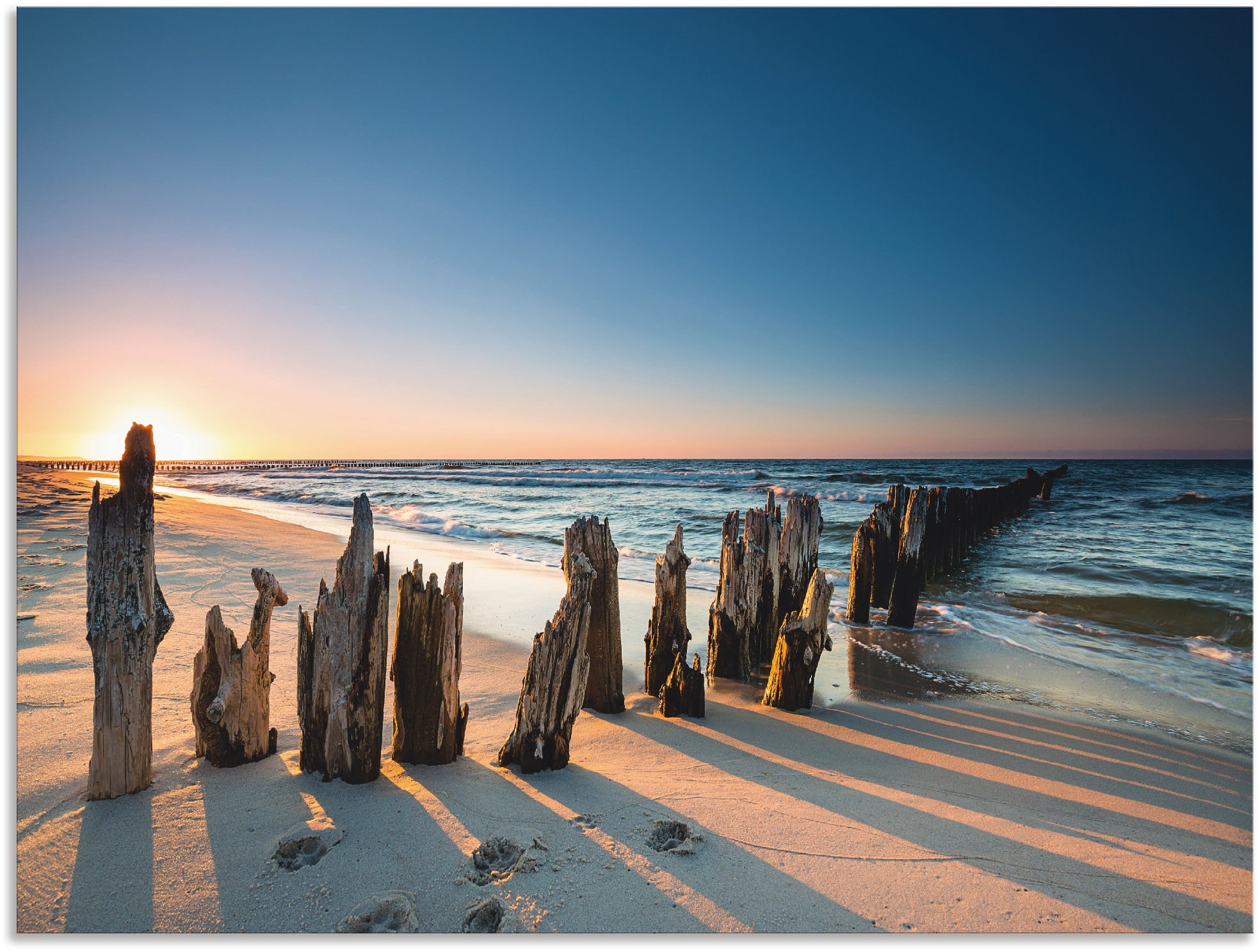 Wellenbrecher«, oder St.), Strand Jelmoli-Versand Wandaufkleber Meer Artland bestellen | »Sonnenuntergang Leinwandbild, (1 Poster als Grössen Bilder, Wandbild versch. online in Alubild,