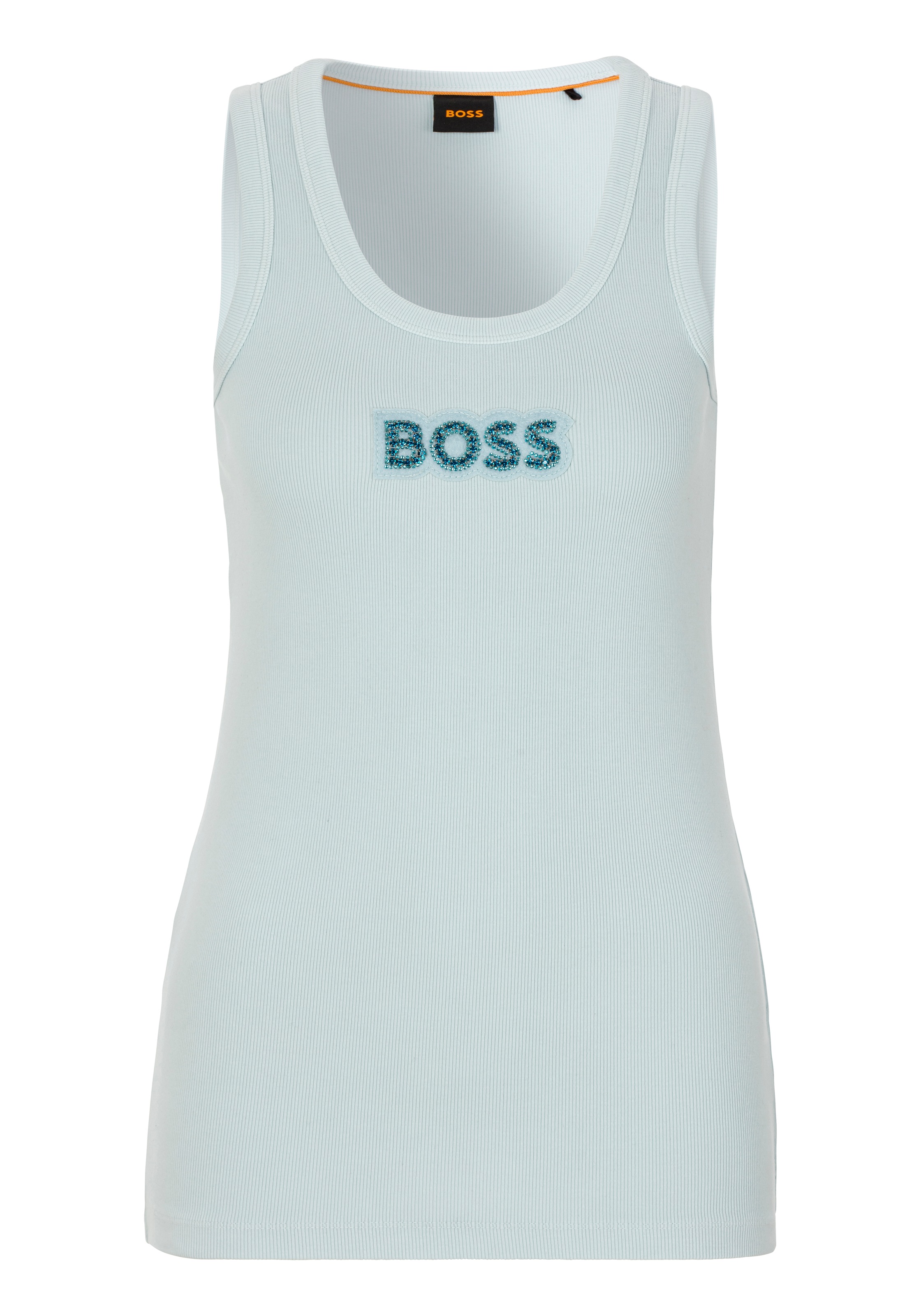 BOSS ORANGE T-Shirt »Ematite Stonebadg Premium Damenmode« mit glitzerndem Logo-Badge