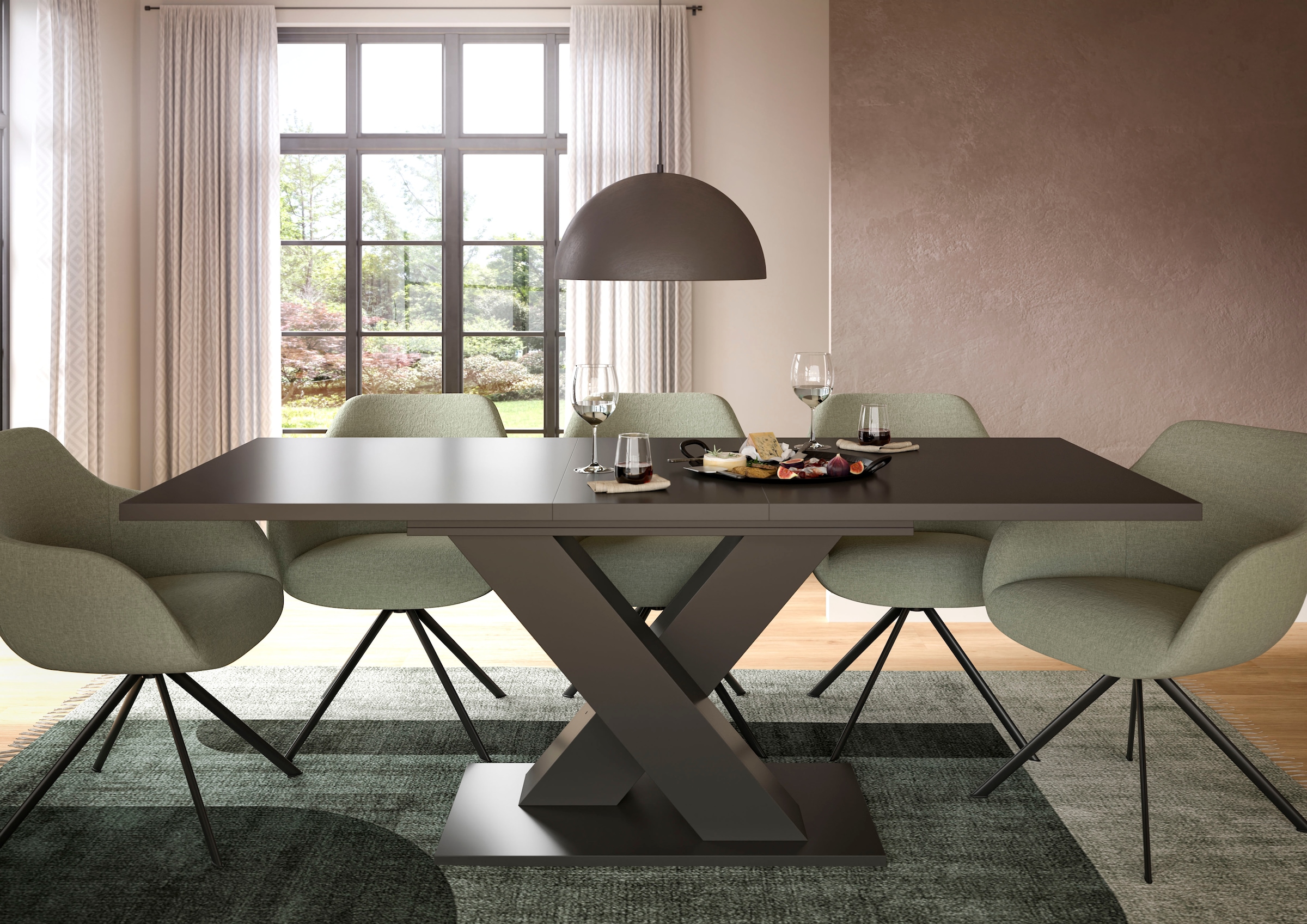 INOSIGN Esstisch »Motus, ausziehbar 150 -190 cm, inklusive 40 cm Einlegeplatte«, (Set, 1 St.), X-Gestell mit Bodenplatte, Tisch, Küchentisch, Esszimmer, Küche