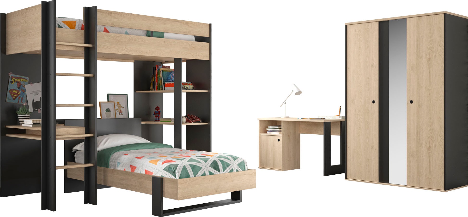 Gami Jugendzimmer-Set »Duplex«, (4 tlg., Bett, Kleiderschrank, Schreibtisch, Hochbett)