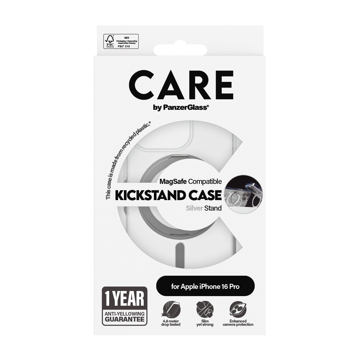 CARE by PanzerGlass Handyhülle »Feature Silver Kickstand MagSafe Apple iPhone 16 Pro«, Backcover, Schutzhülle, Handyschutzhülle, Case, Schutzcase, stossfest