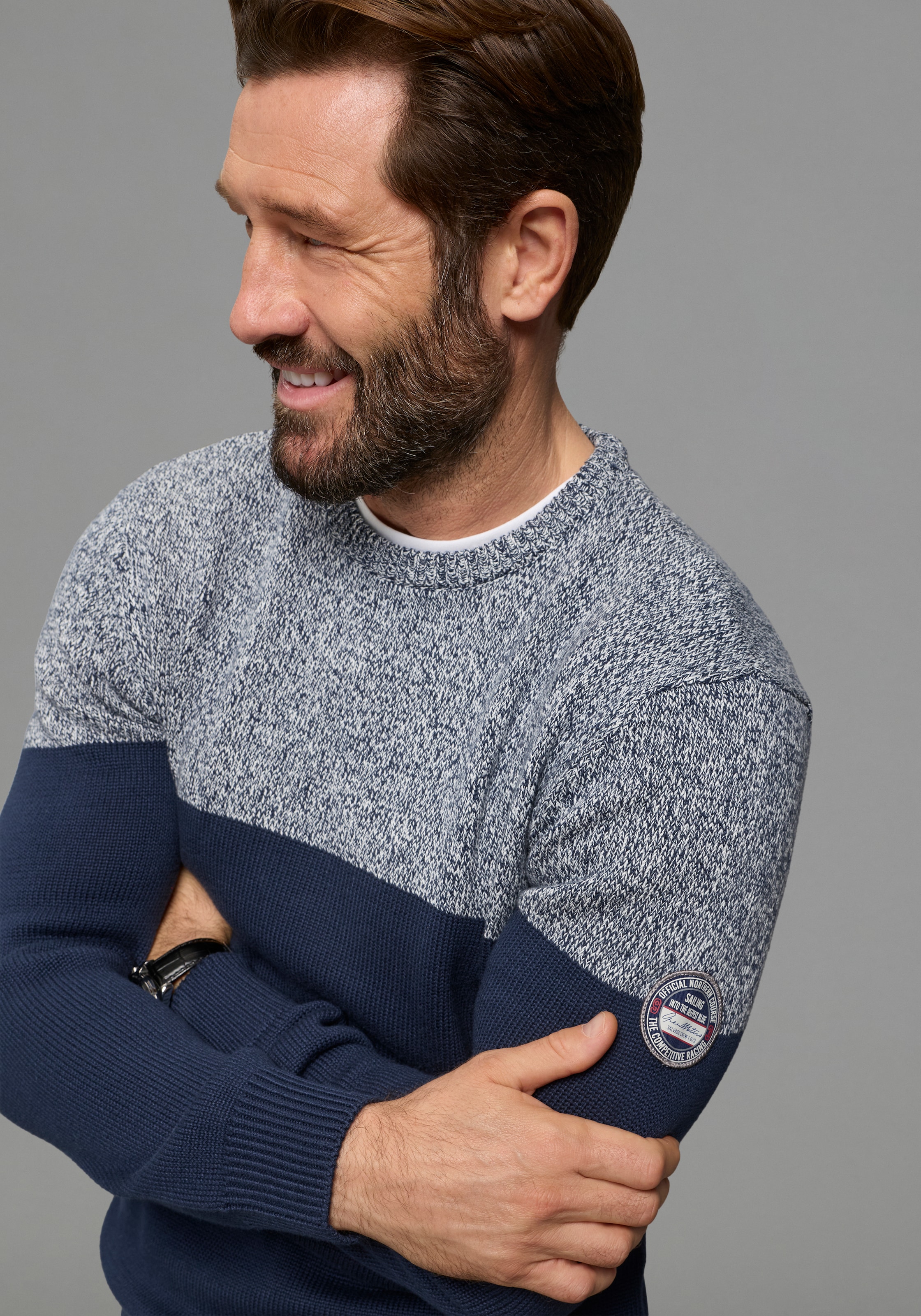 Mans World Rundhalspullover "Neue Kollektion Highlight melierter Look" aus Strick, mit Rundhalsausschnitt, reguläre Passform, mit Langarm
