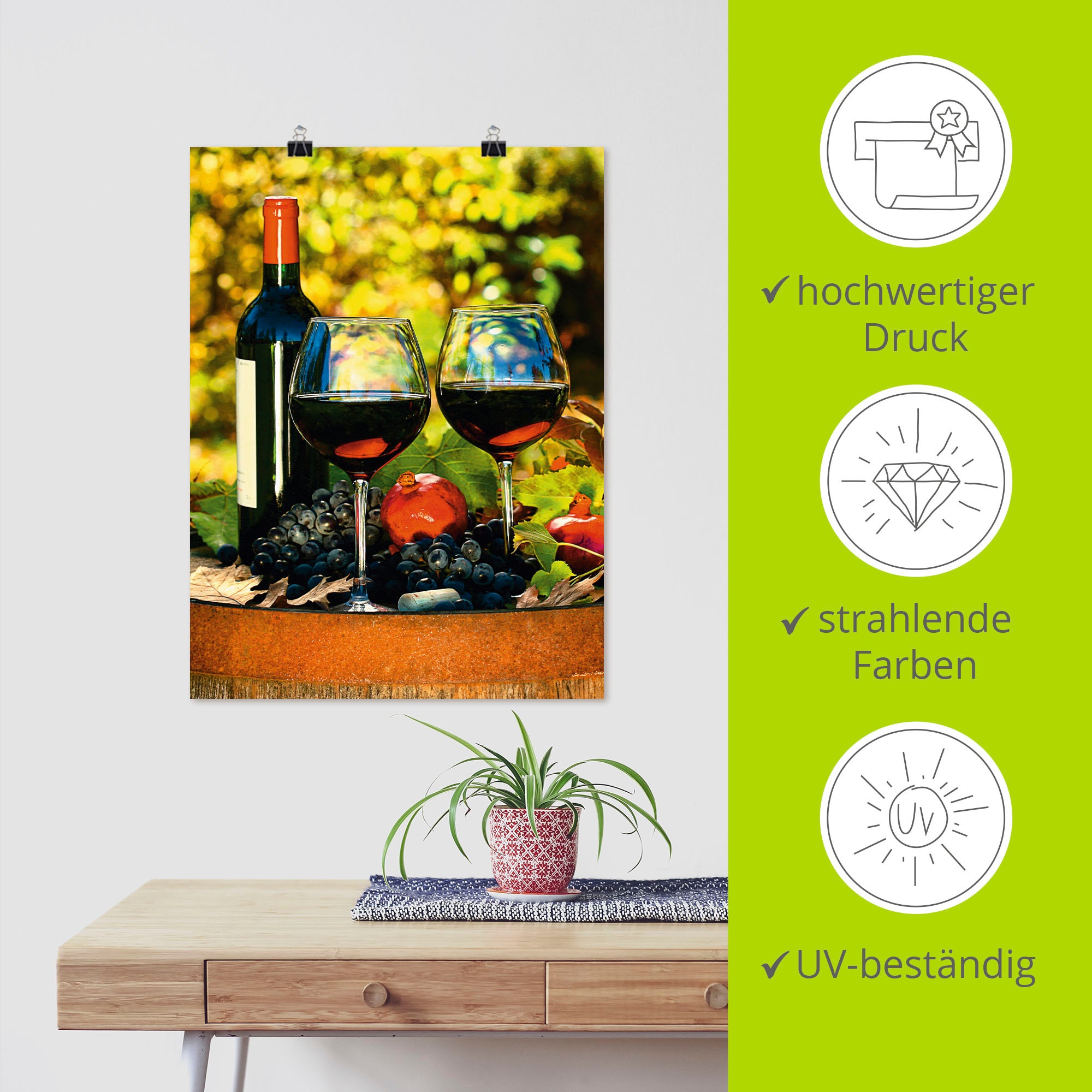 Artland Wandbild »Gläser Rotwein auf altem Fass«, Getränke, (1 St.), als Poster, Wandaufkleber in verschied. Grössen