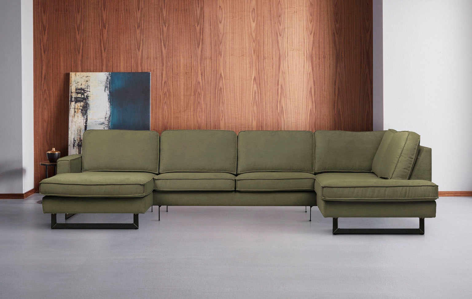 Places of Style Wohnlandschaft »Pinto, 350 cm, U-Form, XXL, mit Ottomanen«, Cord, Chenille, Lederoptik, mit Keder, Metallfüsse, Wellenunterfederung