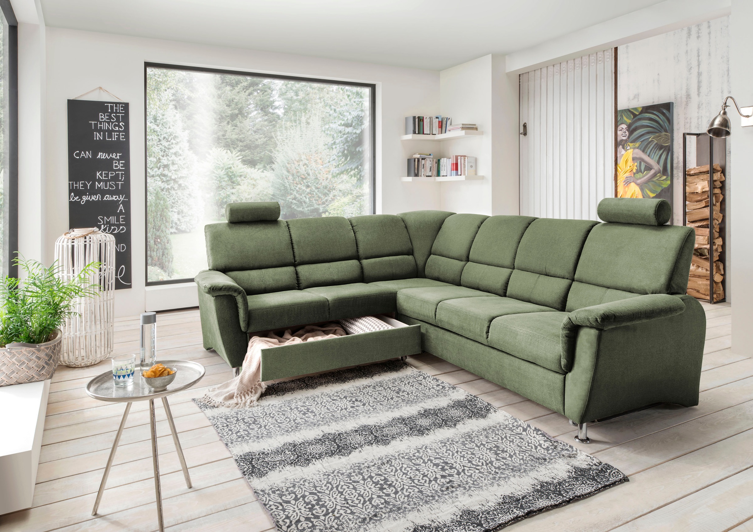 Home affaire Ecksofa »Pisa L-Form, mit Schlaffunktion, Stauraum, 2x höhenverstellbare«, Kopfstützen und Relaxfunktion im Eckelement