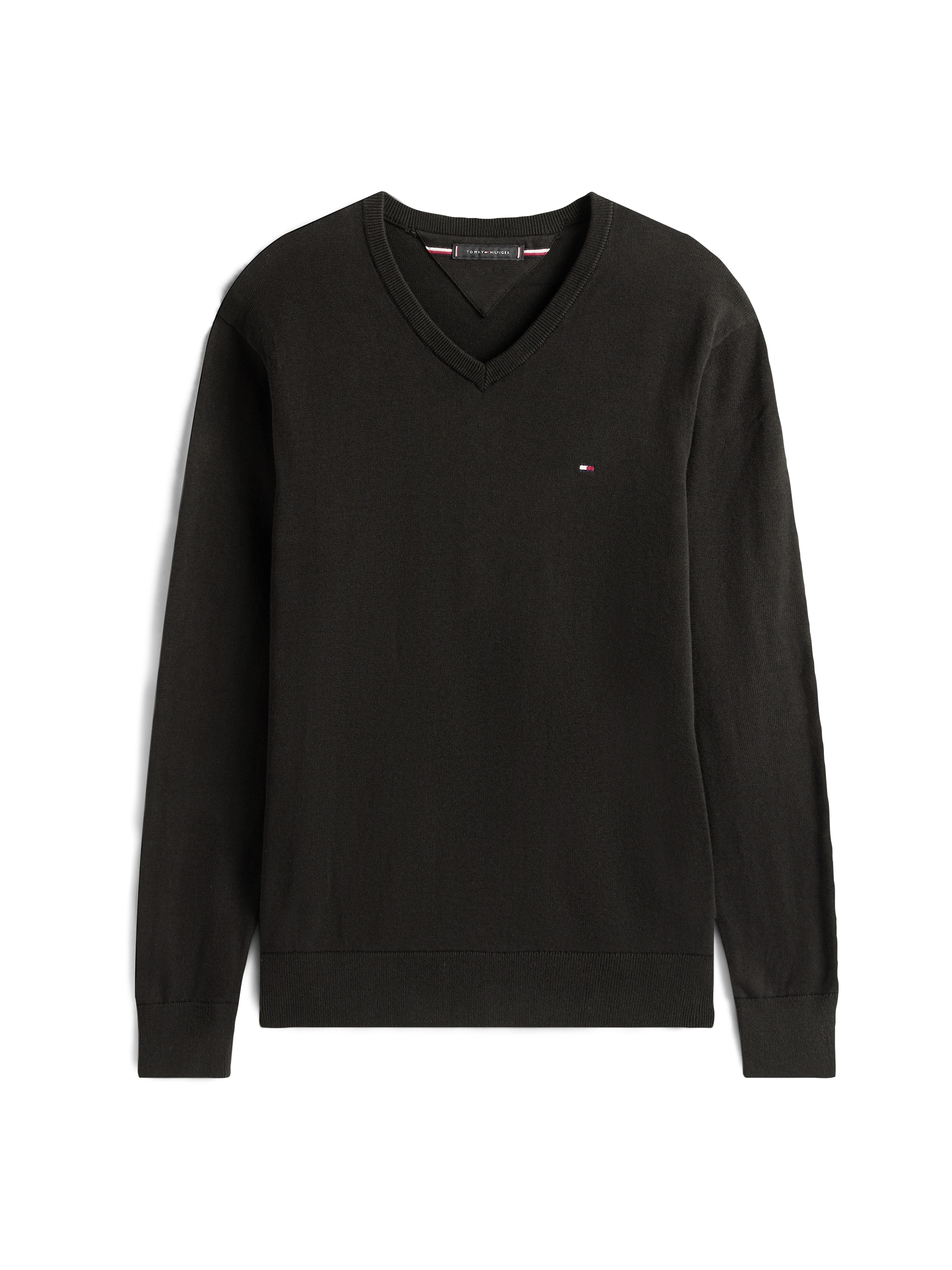 Tommy Hilfiger Strickpullover »ESSENTIAL COTTON V NECK mit V-Ausschnitt und Stickerei«, unifarben, casual, regular fit, Baumwolle, V-Ausschnitt