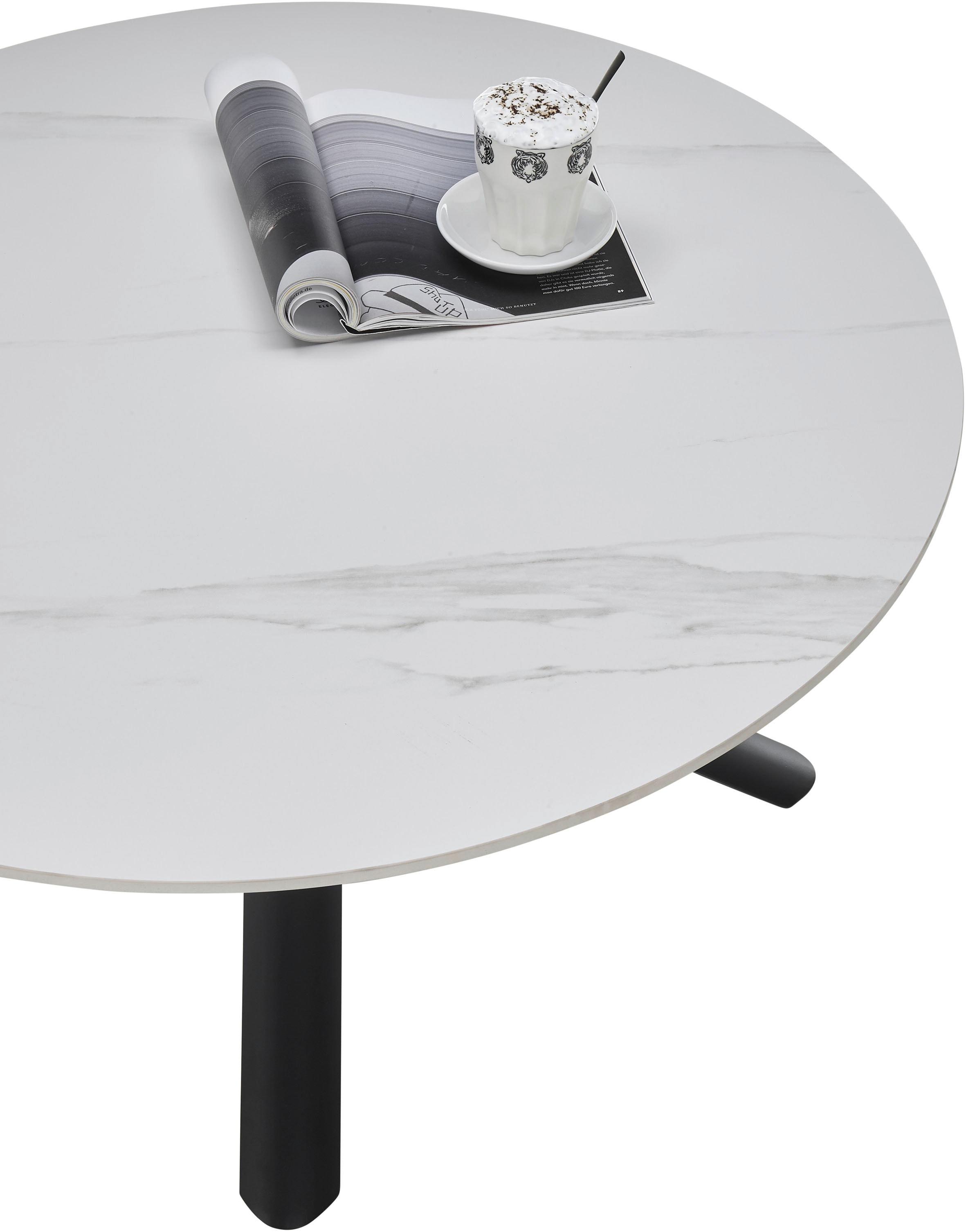 Stolkom Couchtisch »Joanna Esszimmertisch rund Keramik, Weiss marmoriert, BxH 90x45 cm«, Keramikoberfläche weiss marmoriert, 4-Fuss Gestell Schwarz matt