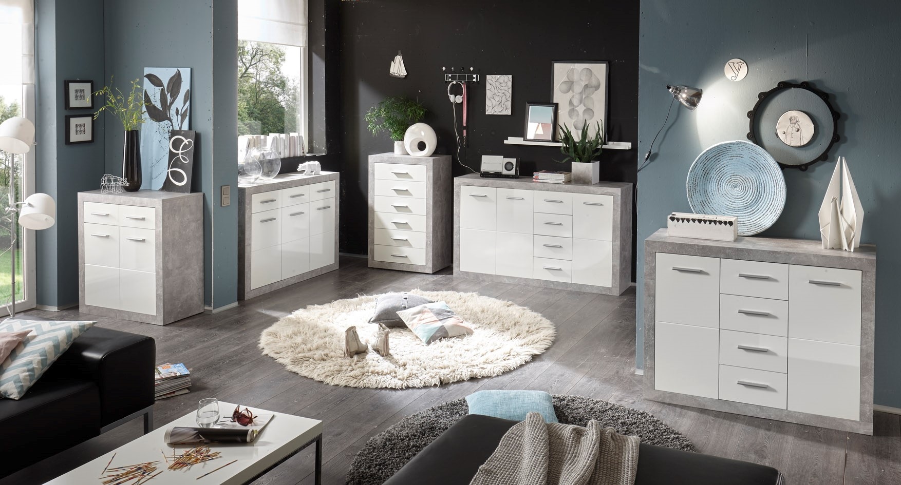 HBZ Kommode »Stone 2 weiss Glanz, BxHxT 82x88x37 cm«, Kommode mit 2 Türen, 2 Schubkästen und 1 Einlegeboden