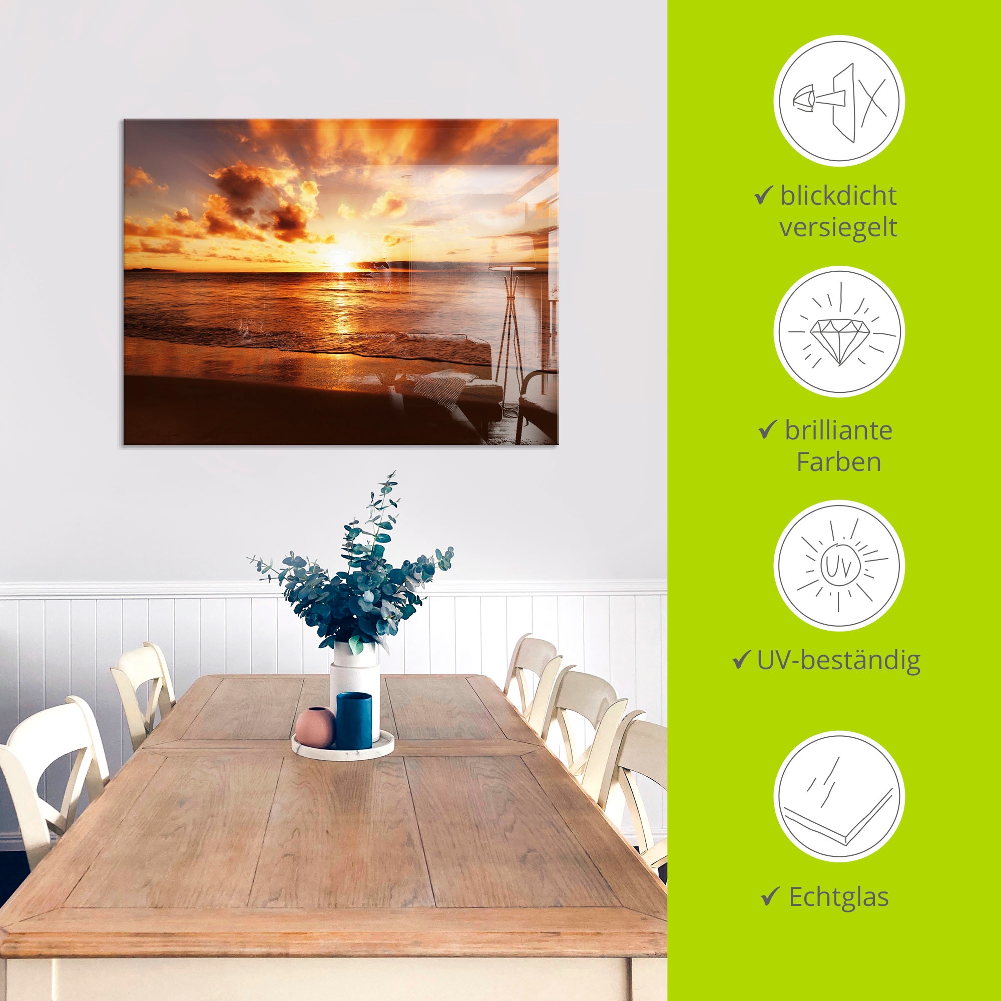 Artland Glasbild »Schöner Sonnenuntergang Strand«, Gewässer, (1 St.), in verschiedenen Grössen