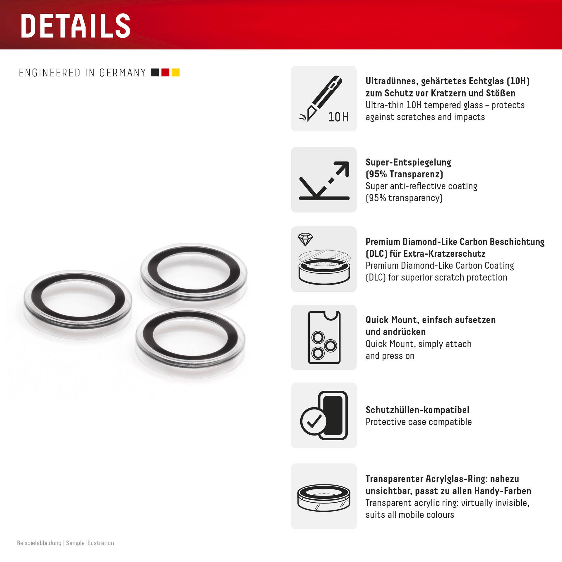 Displex Kameraschutzglas »Camera Lens Glass Single Glass Ring Protector«, für Apple iPhone 16 Pro-Apple iPhone 16 Pro Max, (Packung, 2x Einzellinsen-Schutzringe), Objektivschutz, Kameraschutz, kratz- & stossfest