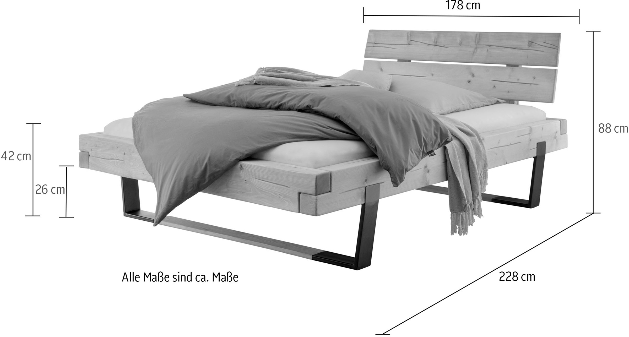 Home affaire Massivholzbett »Ultima Balkenbett Doppelbett, Füsse Metallkufe mit Holzelement«, (hohe Belastbarkeit: 200kg je Seite), FSC®-zertifizierte Wildeiche oder Fichte, viele Breiten zur Auswahl