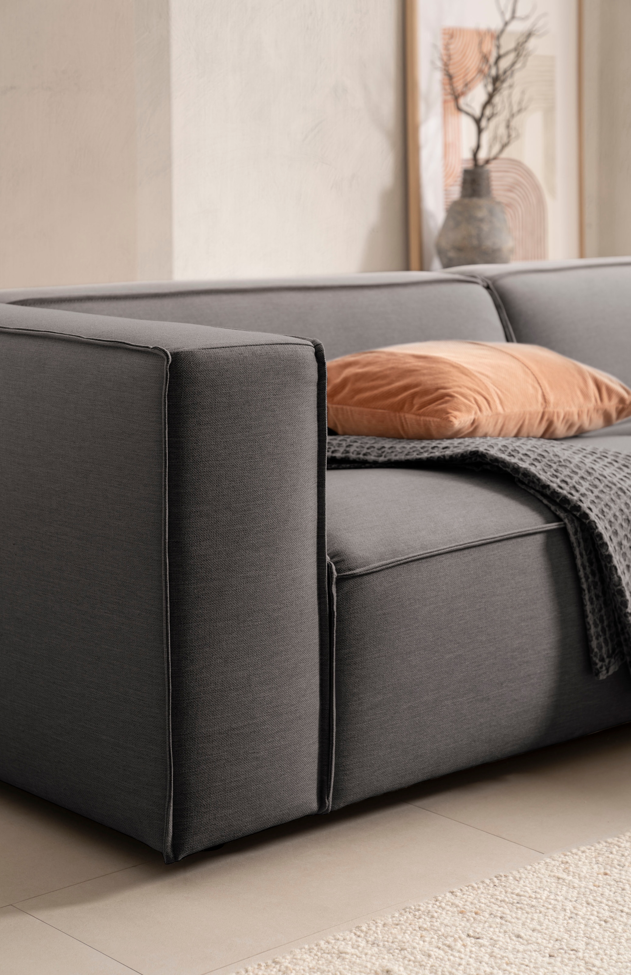 LeGer Home by Lena Gercke Ecksofa »PIARA mit Kedernaht in Cord oder Leinenoptik, moderne Couch in L-Form«, wahlweise Ottomane rechts/links, schwarze Füsse, bequemer Sitzkomfort