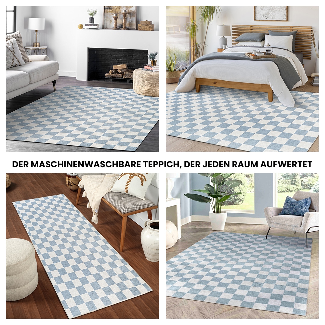 Livabliss Teppich »CLEVELAND«, rechteckig, 6 mm Höhe, Maschinenwaschbarer Teppich mit Karomuster, Kurzflor Wohnzimmerteppich