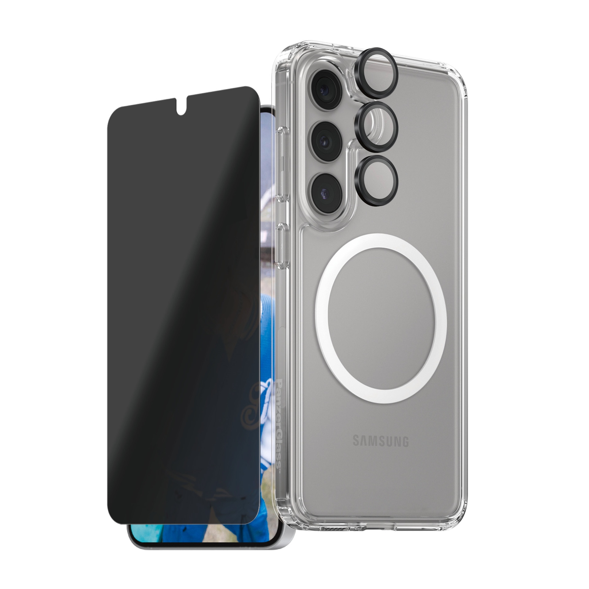 CARE by PanzerGlass Displayschutzglas »3-in-1 Privacy Protection Set«, für Samsung Galaxy S25+, Blickschutz, Schutzfolie, Bildschirmschutz, kratz- & stossfest