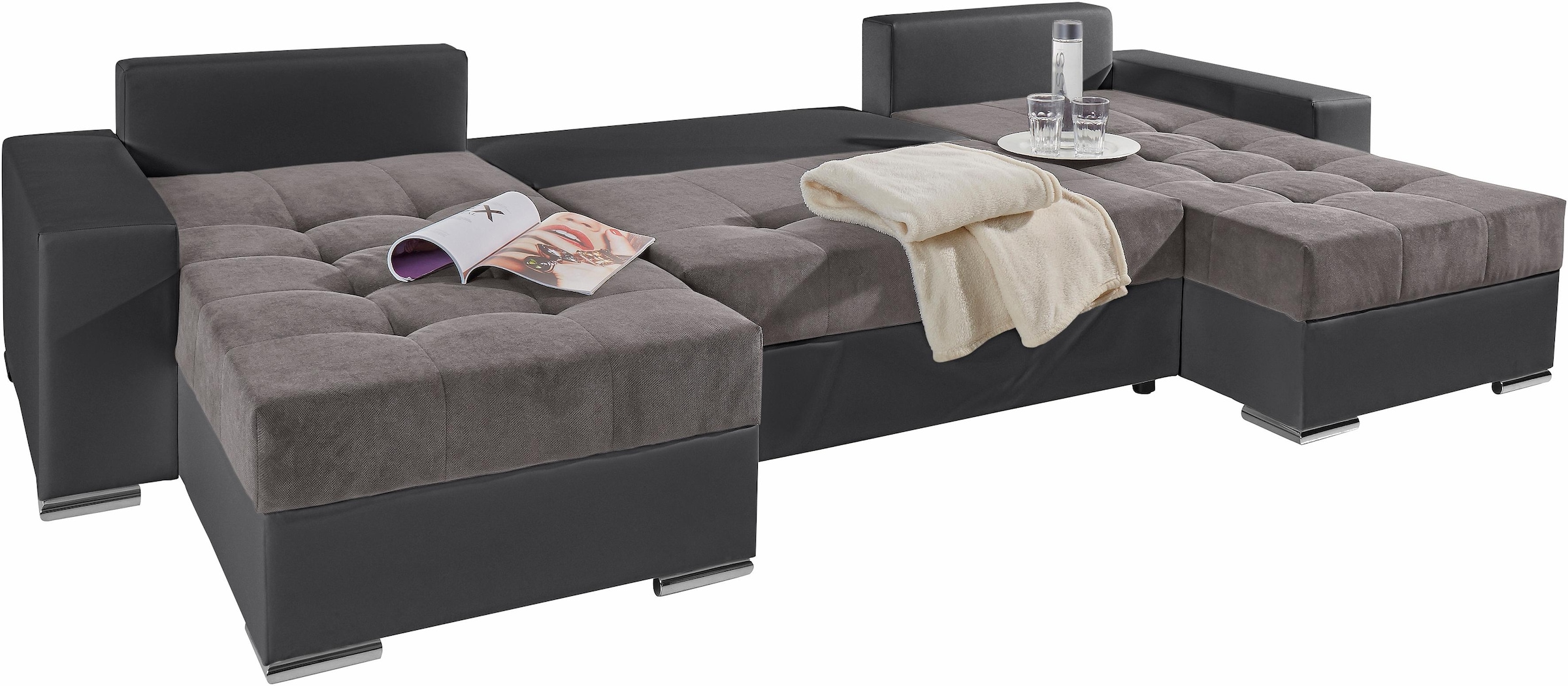 COLLECTION AB Wohnlandschaft »XL-Josy U-Form, Breite 313 cm, Flachgewebe, Struktur, Kunstleder«, inkl. Bettfunktion, Bettkasten, mit 4 gleich grossen Rückenkissen