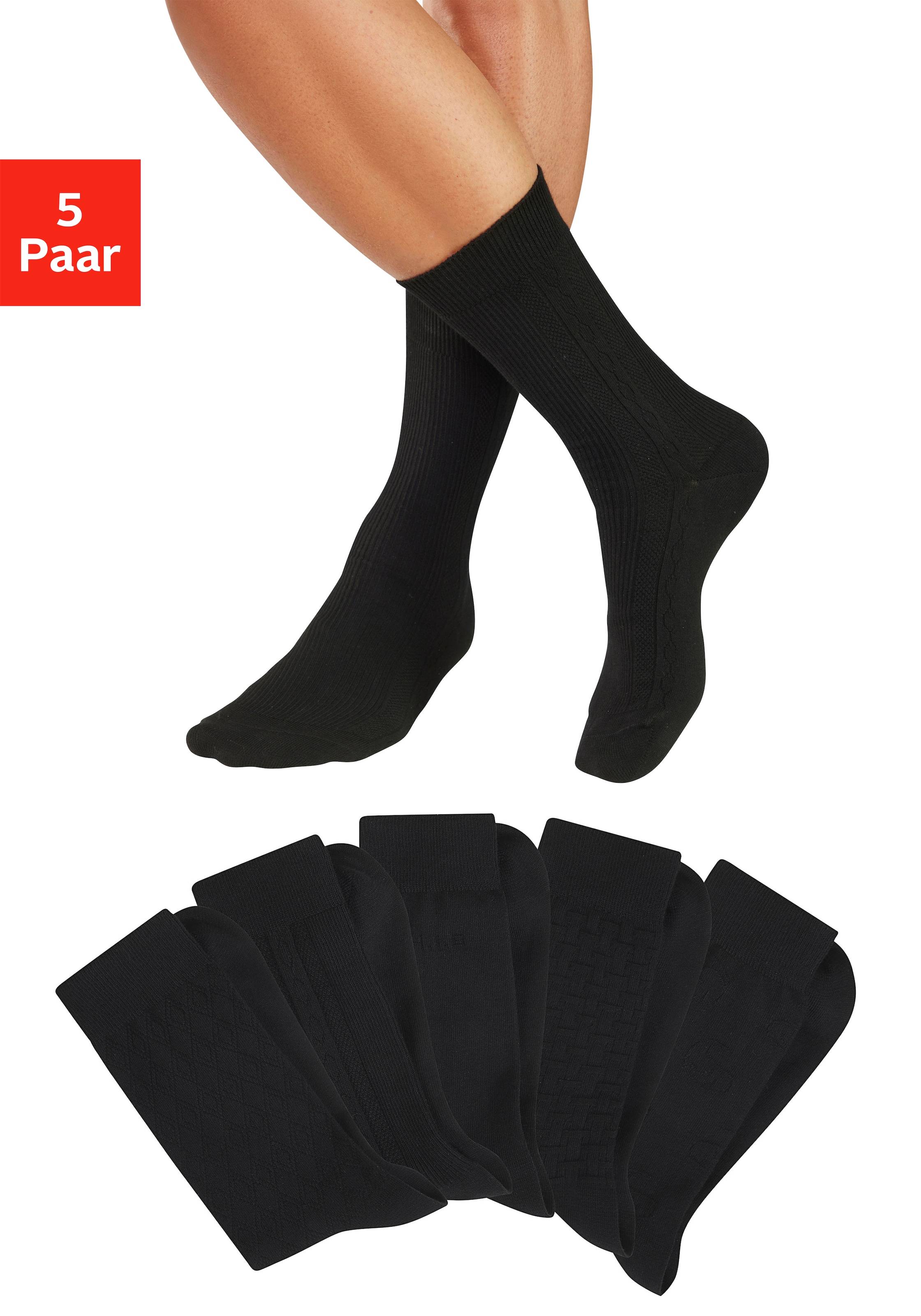 H.I.S Businesssocken "Klassische Herren, Männersocken, unifarben, ohne drückende Naht" Packung, Anzugsocken, 5 Paar tlg. mit dezent eingestrickten Designs