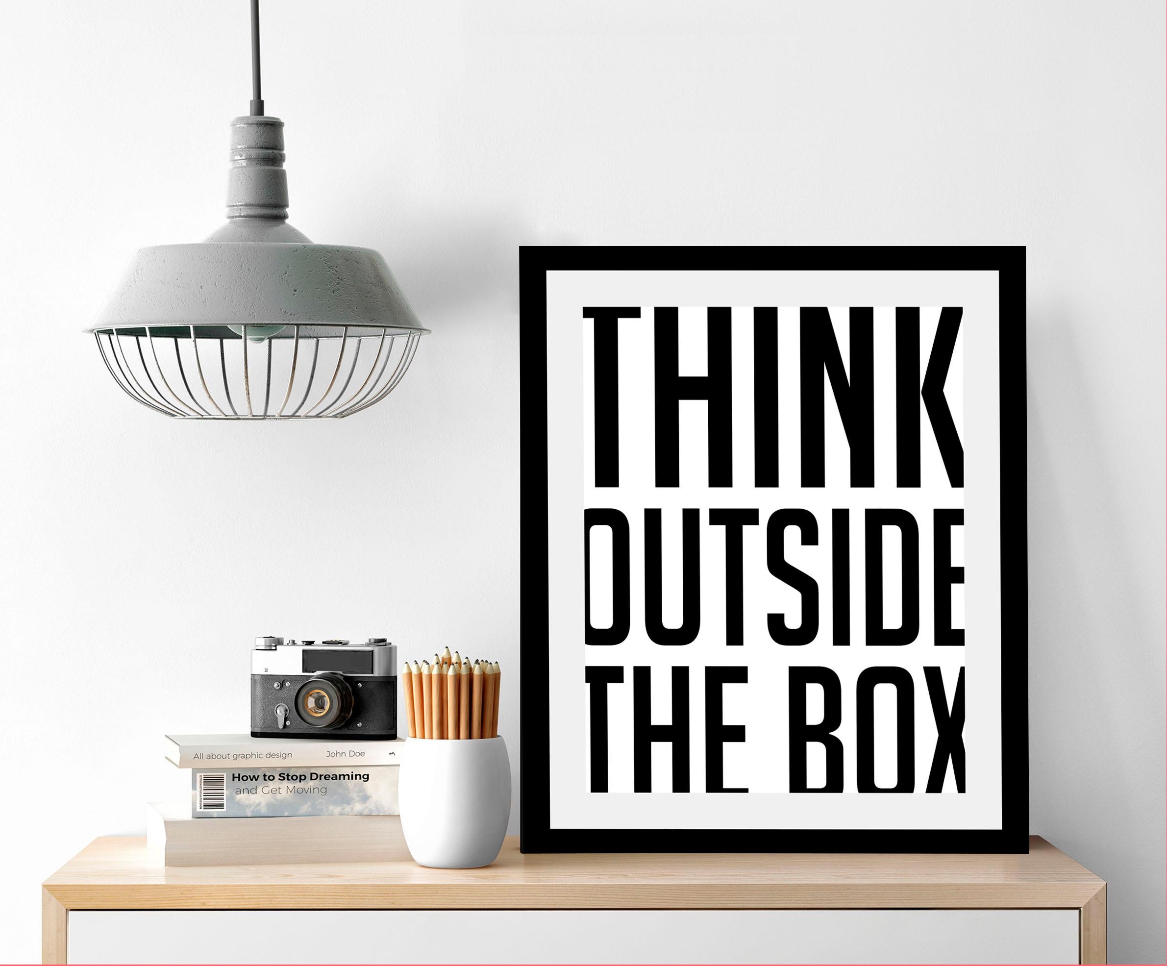 queence Bild »Think outside«, Sprüche & Texte-Schriftzug-Schwarz-Weiss-Motivationsbilder, HD Premium Poster-Druck inkl. Holzrahmen