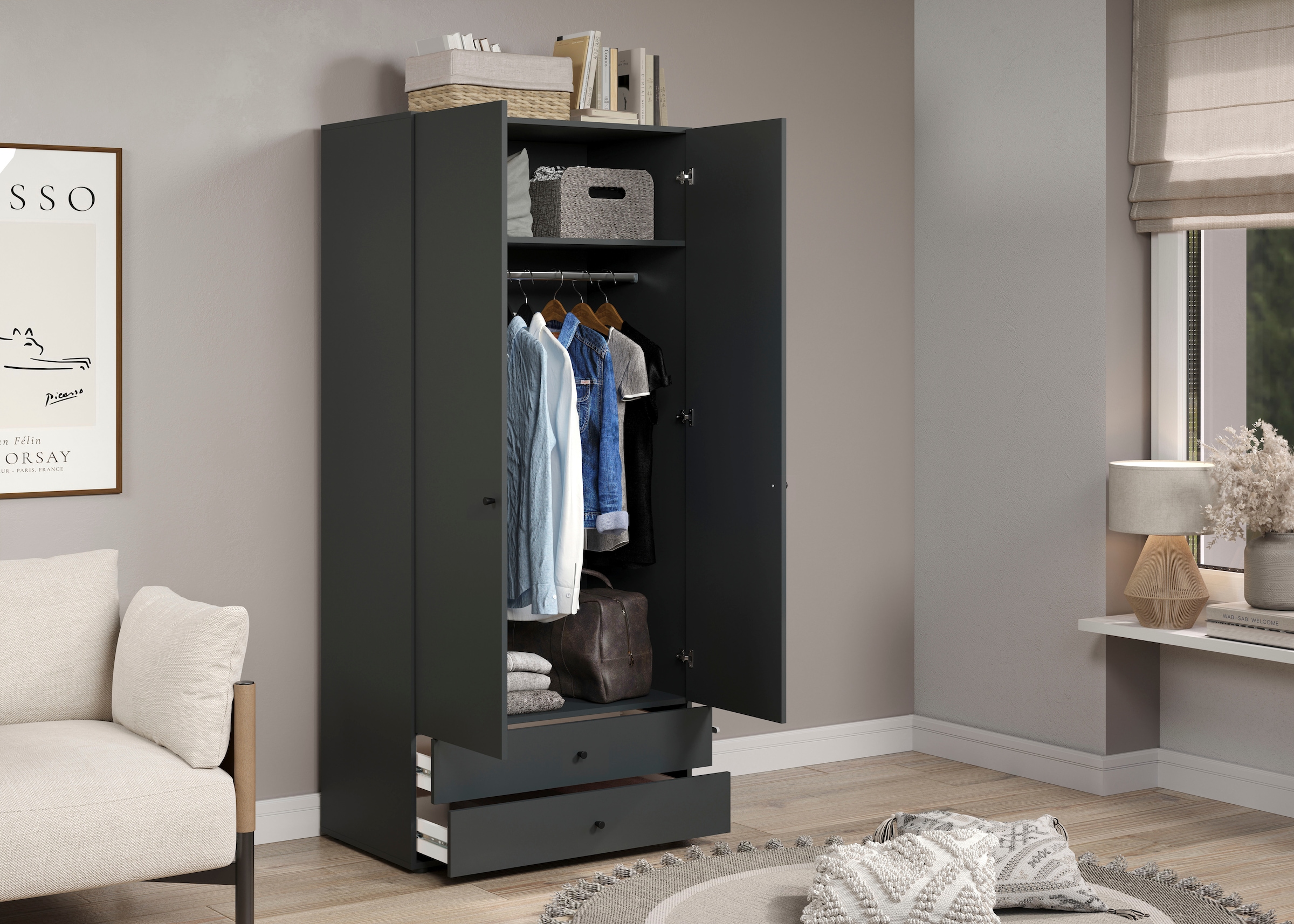 INOSIGN Kleiderschrank »Jersey Schlafzimmerschrank Garderobe Bestseller Schrank«, (1 St., Drehtürenschrank mit modernen Griffen Otto´s Choice), Drehtürenschrank mit 2 Schubladen - (B/T/H) 85/52/188 cm
