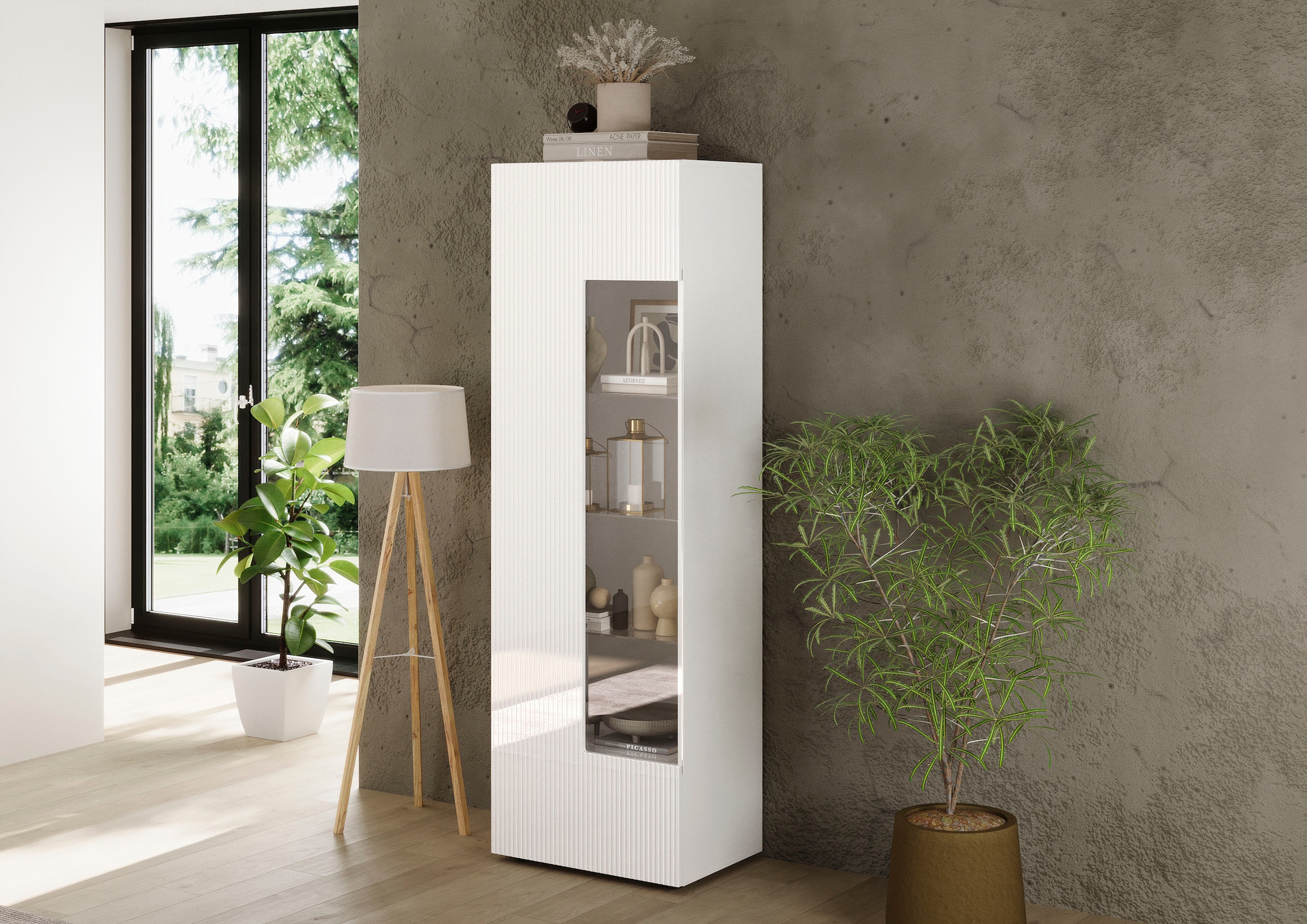 INOSIGN Vitrine »RIO, Höhe 187 cm, Hochschrank mit 1 Tür, Anrichte, Standvitrine«, Vitrinenschrank, geriffelte MDF-Front, modern, elegant, geräumig