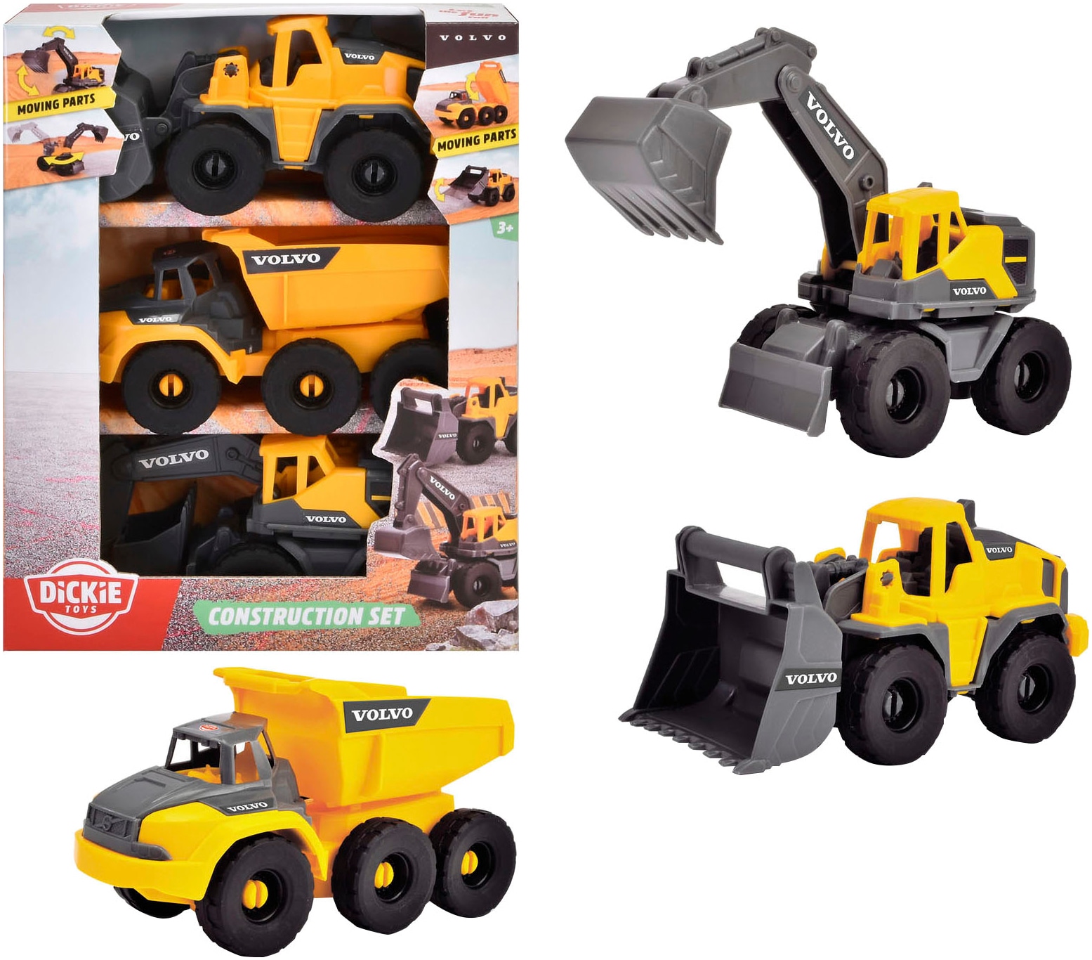 Dickie Toys Spielzeug-Baumaschine »Volvo Construction Set«, (Set, Bestehend aus Bagger, Radlader, Kipplaster)