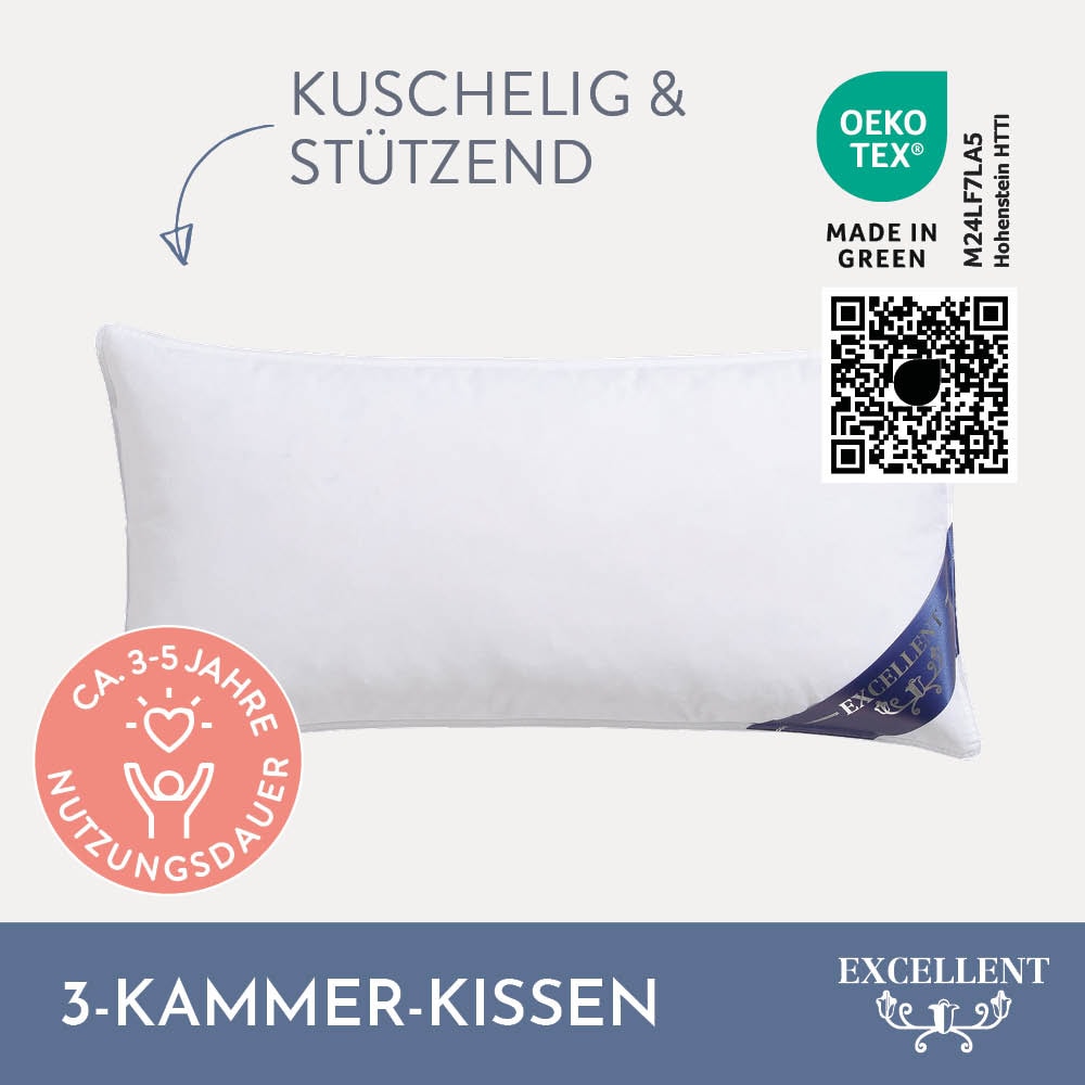 Excellent 3-Kammer-Kopfkissen »Wien«, Füllung: 60% Daunen / 40% Federn (Aussenkammern) und 100% Federn (Innenkammer), Bezug: 100% Baumwolle, (1 St.), Kopfkissen in 40x80 und 80x80 erhältlich