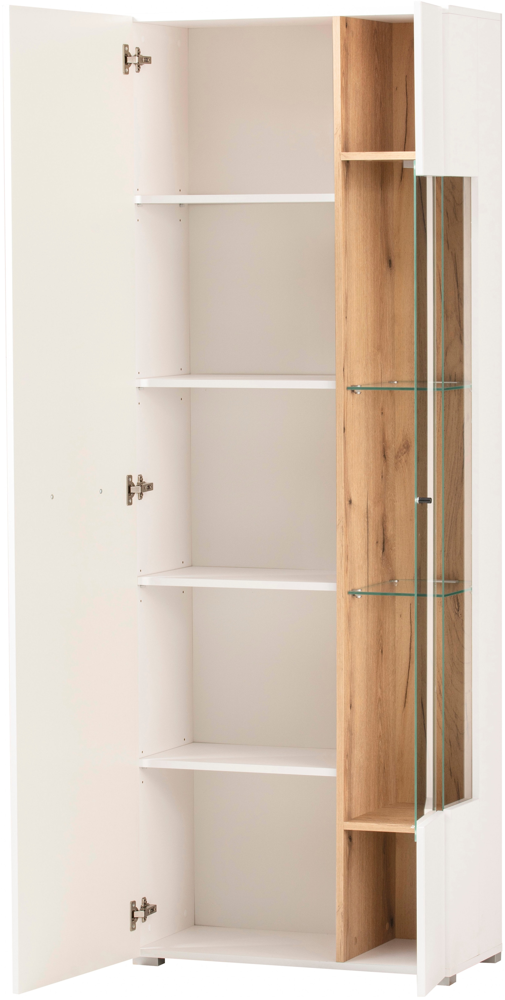 INOSIGN Vitrine »Salerno Hochschrank, Glasvitrine, Weiss mit Eiche Evoke Dekor, modern.«, Metallgriffe, ausreichend Stauraum, vielseitig einsetzbar, 72 cm breit