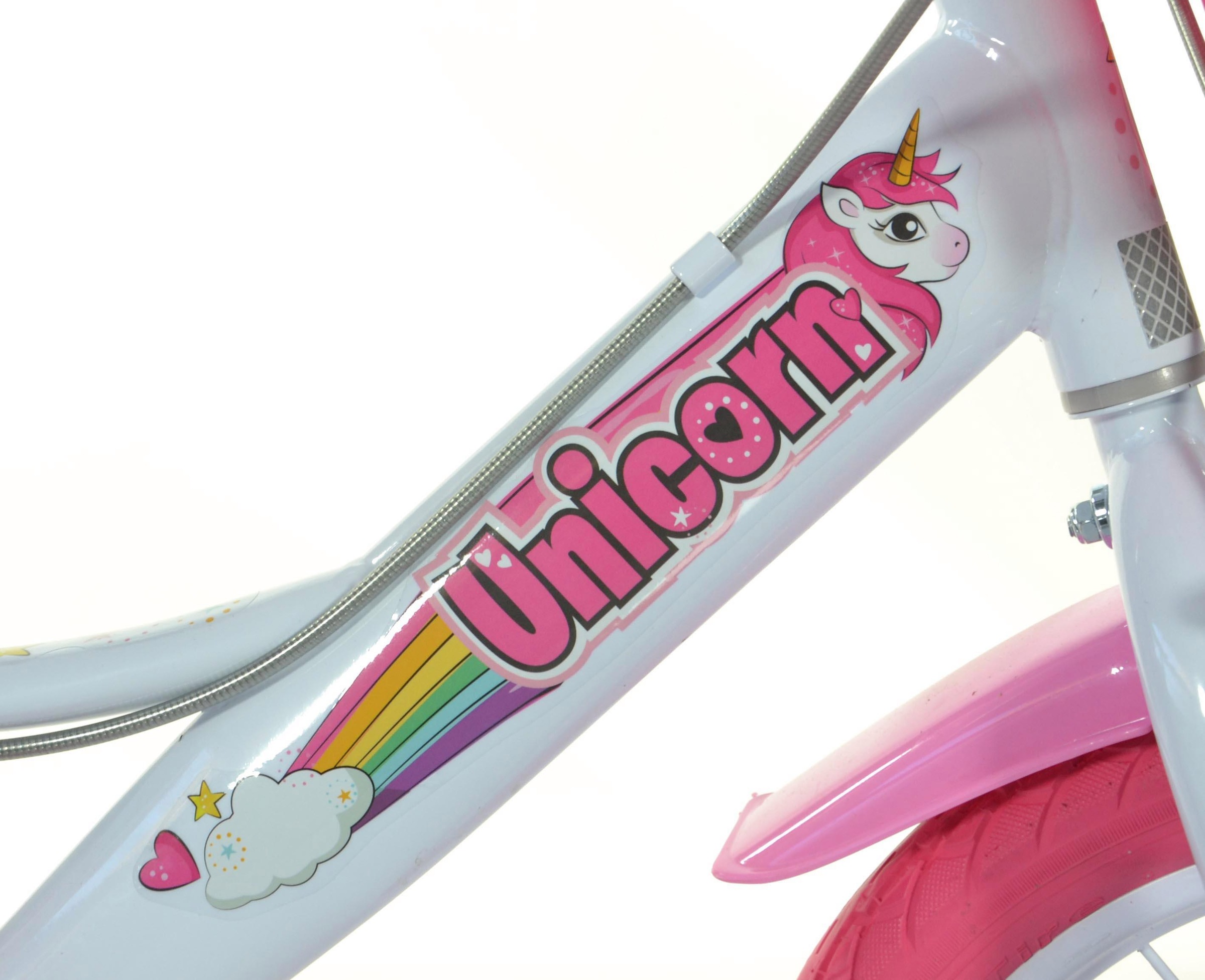 Dino Bikes Kinderfahrrad "16" Unicorn Einhorn Kinderfahrrad Mädchenfahrrad Freilauf 4–7 Jahre" 1 Gang mit Stützrädern, Korb und Puppensitz