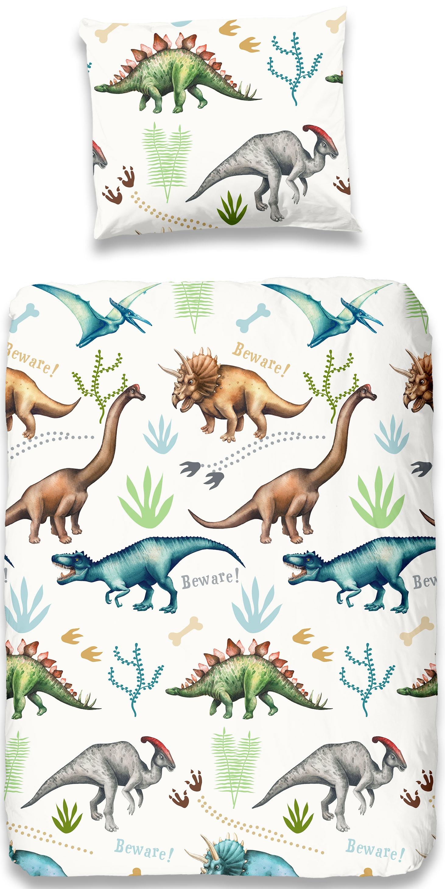good morning Kinderbettwäsche »Dino«, Baumwolle, Renforcé, 135x200, Reissverschluss, Kind, Junge, Dino, Weiss