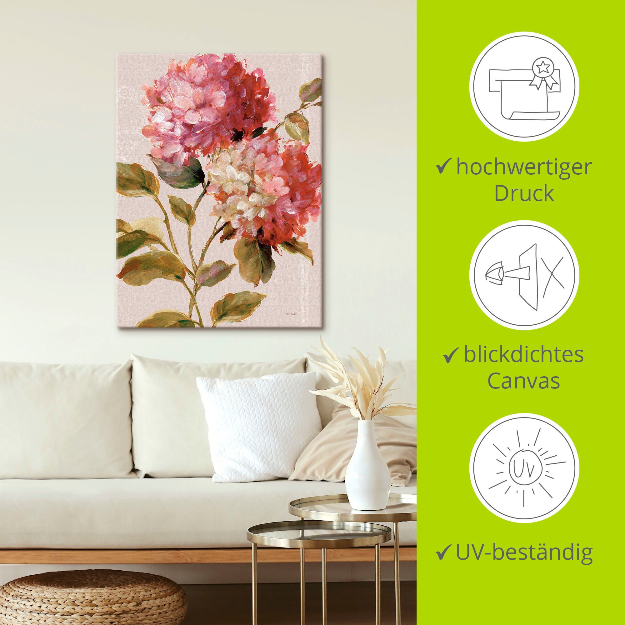 Artland Wandbild »Harmonische Hortensien«, Blumen, (1 St.), als Leinwandbild, Poster in verschied. Grössen