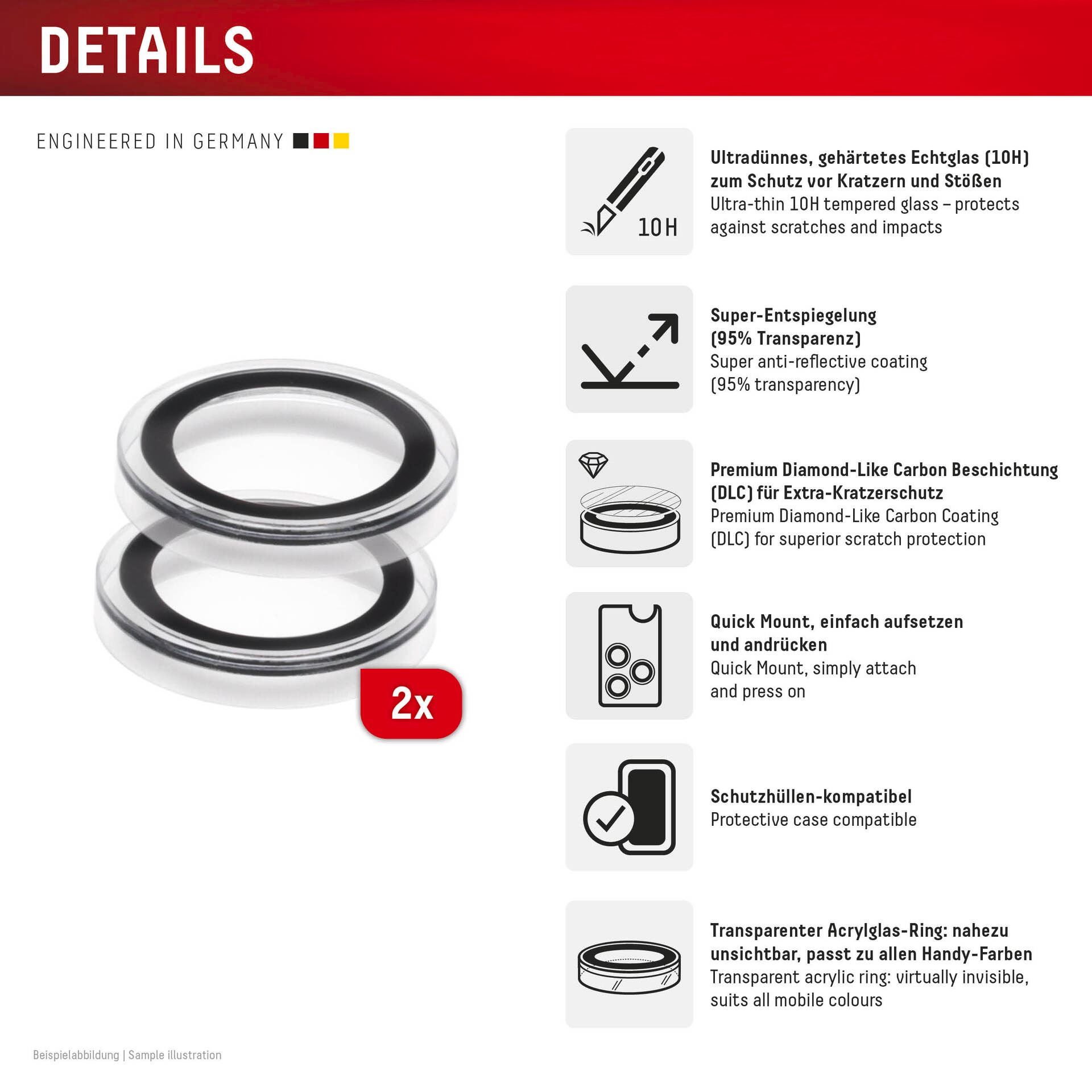 Displex Kameraschutzglas »Camera Lens Glass Single Glass Ring Protector«, für Apple iPhone 16e, (Packung, 2x Einzellinsen-Schutzringe), Objektivschutz, Kameraschutz, kratz- & stossfest