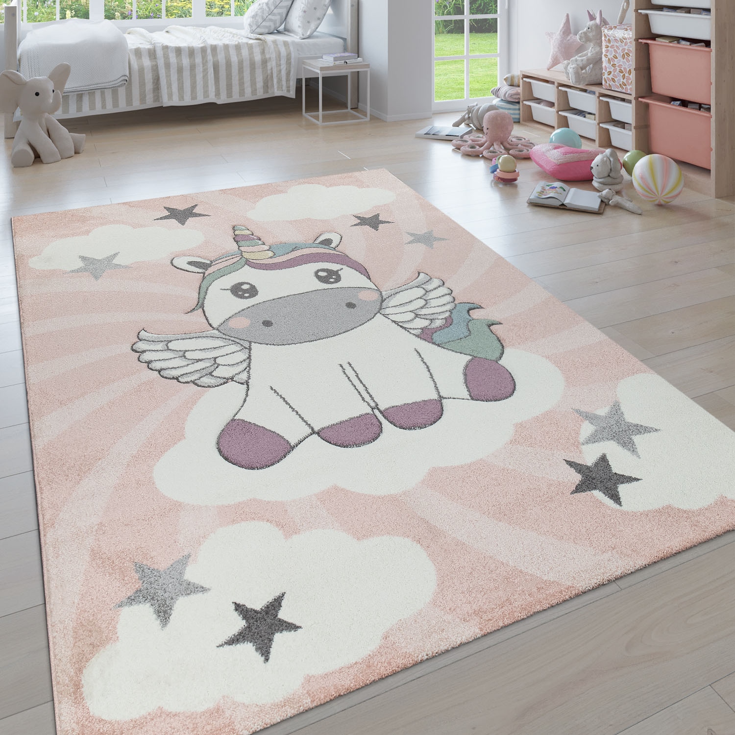 Paco Home Kinderteppich »Cosmo 395«, rechteckig, 12 mm Höhe, 3D-Design, niedliches Einhorn Motiv, Pastell-Farben, Kinderzimmer