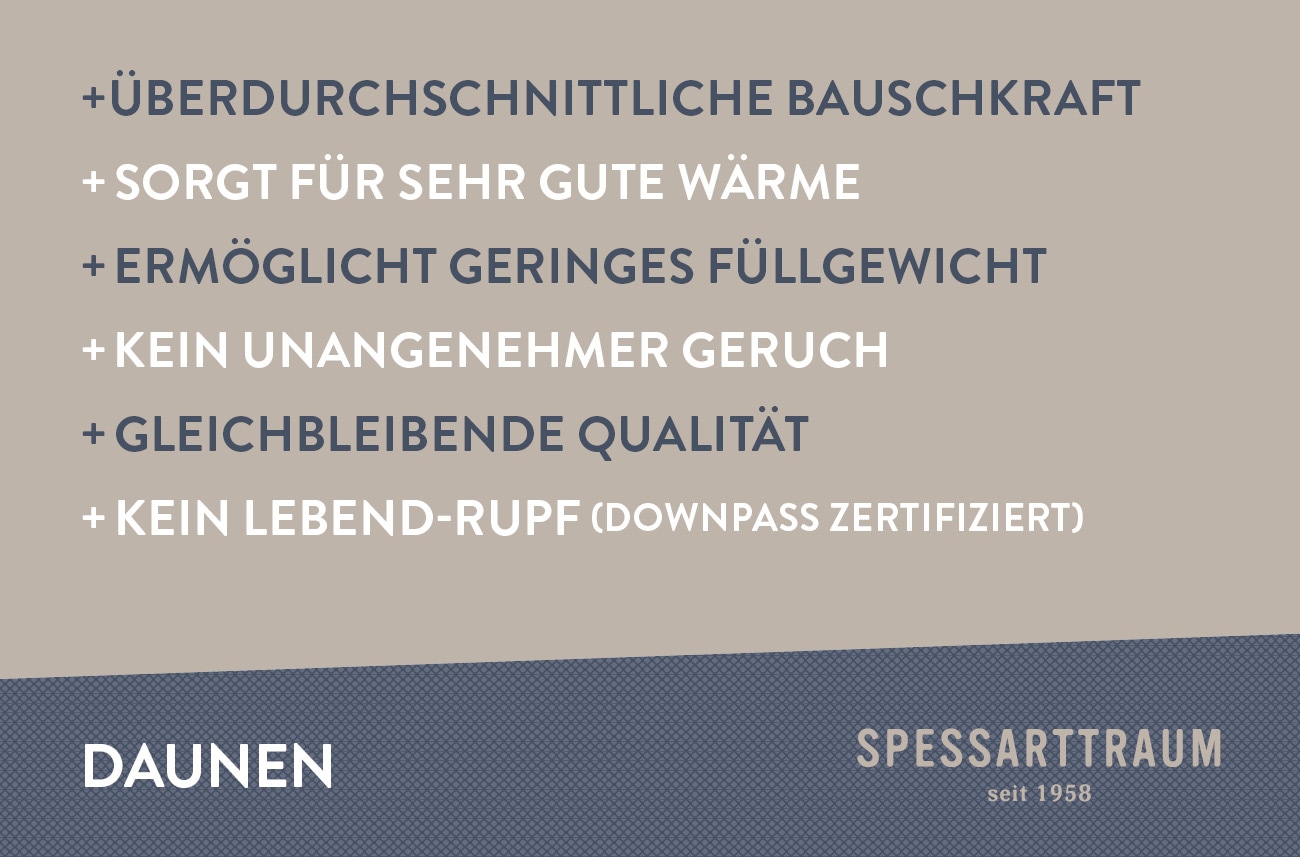 SPESSARTTRAUM Daunenbettdecke »Exklusiv, Bettdecken für Sommer und Winter«, Füllung 100% Daunen, Klasse 1, Downpass zertifiziert, Bezug 100% Baumwolle, nachhaltig (Made in Green), Hausstauballergiker geeignet, (1 St.), 5 Wärmeklassen & 8 Grössen