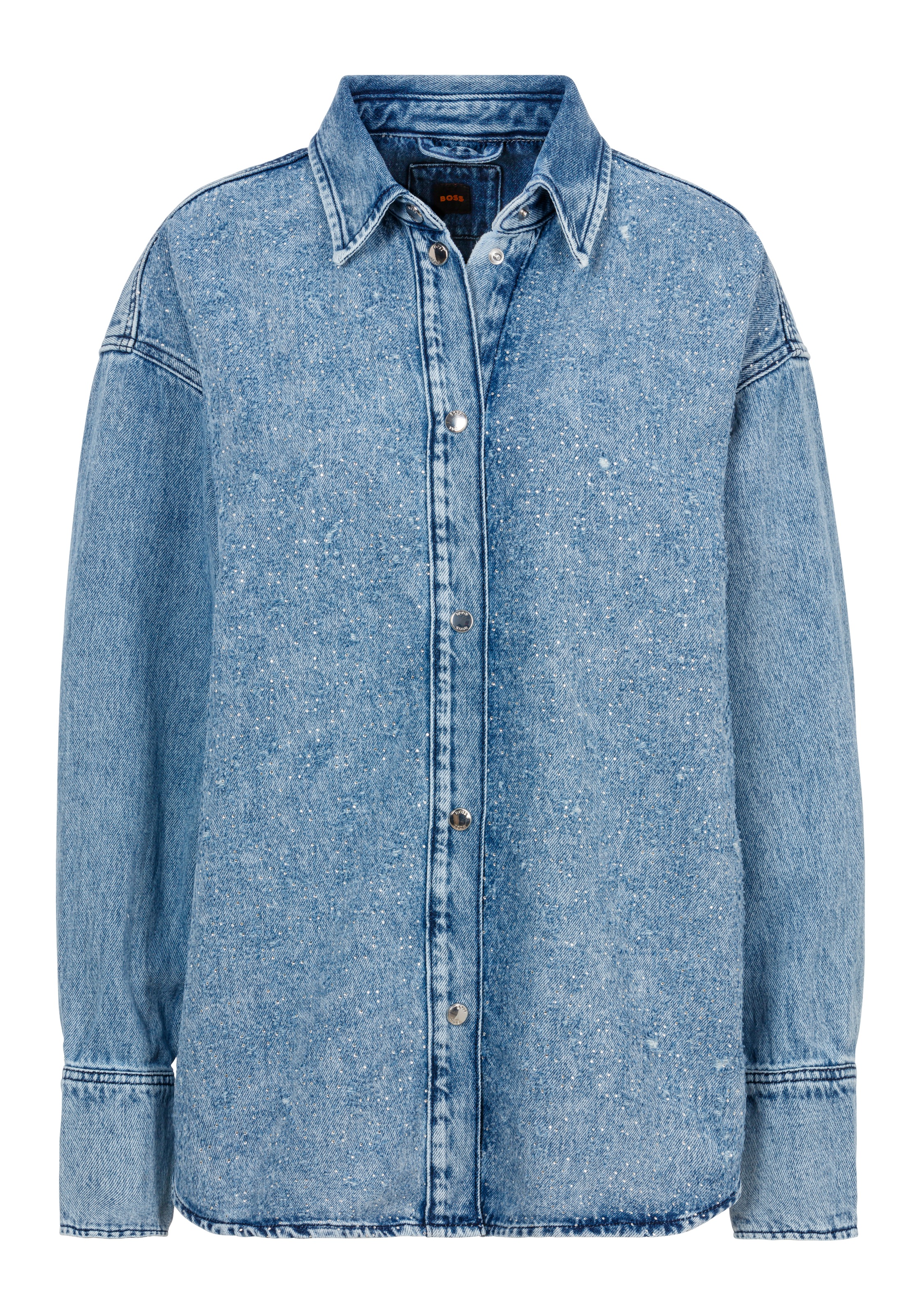 BOSS ORANGE Klassische Bluse »DENIM SHIRT HF Premium Damenmode« mit Blusenkragen und All Over Strass & Glitzereffekt