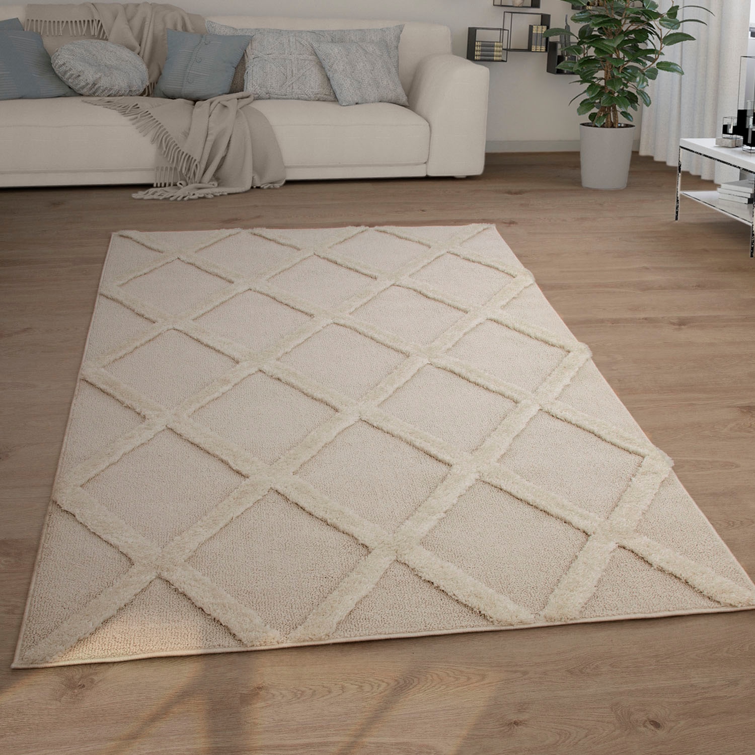 Paco Home Hochflor-Teppich »Genua 745«, rechteckig, 34 mm Höhe, Uni-Farben, Hoch-Tief Effekt, modernes Design, Rauten, weicher Flor