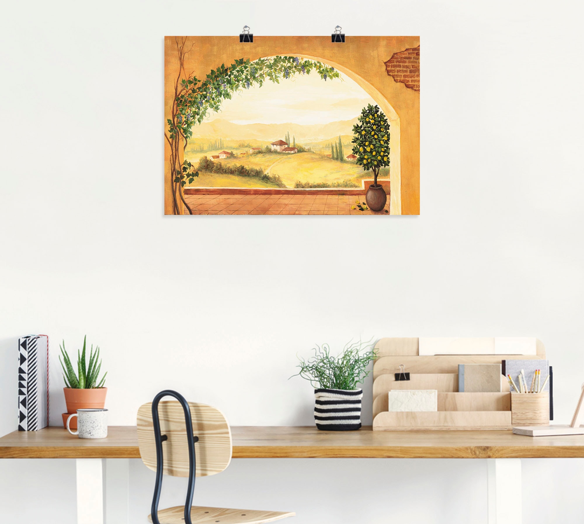 Artland Wandbild »Weinranken vor der Toskanalandschaft«, Fensterblick, (1 St.), als Leinwandbild, Poster in verschied. Grössen