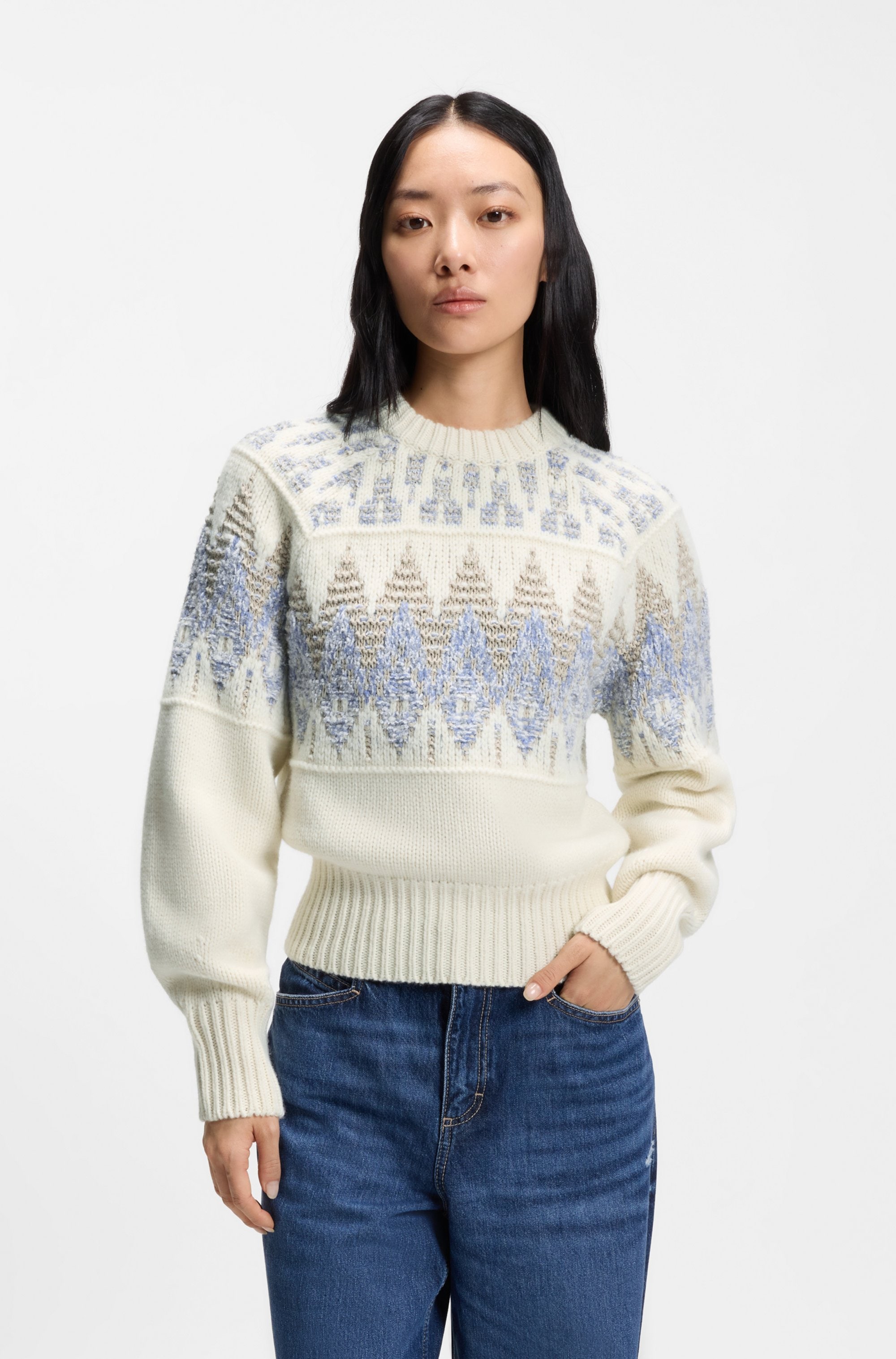 BOSS ORANGE Strickpullover »Farombo Premium Damenmode« mit Jacqaurdmuster, Rundhalsform