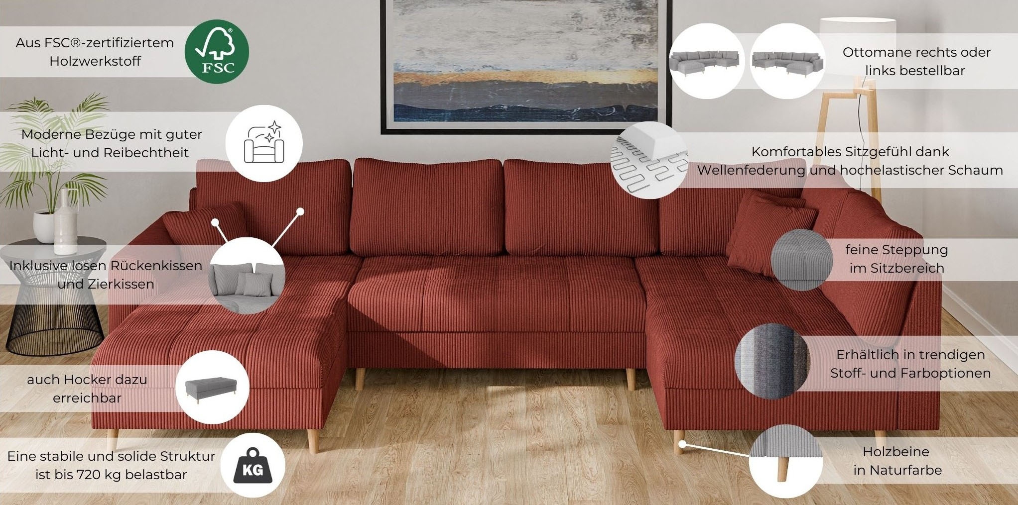 Home affaire Wohnlandschaft »CHARRE U-Form mit Ottomane, Masse B/T/H: 310/161/81 cm«, feine Steppung, lose Rücken- und Zierkissen, auch in Cord und Bouclé