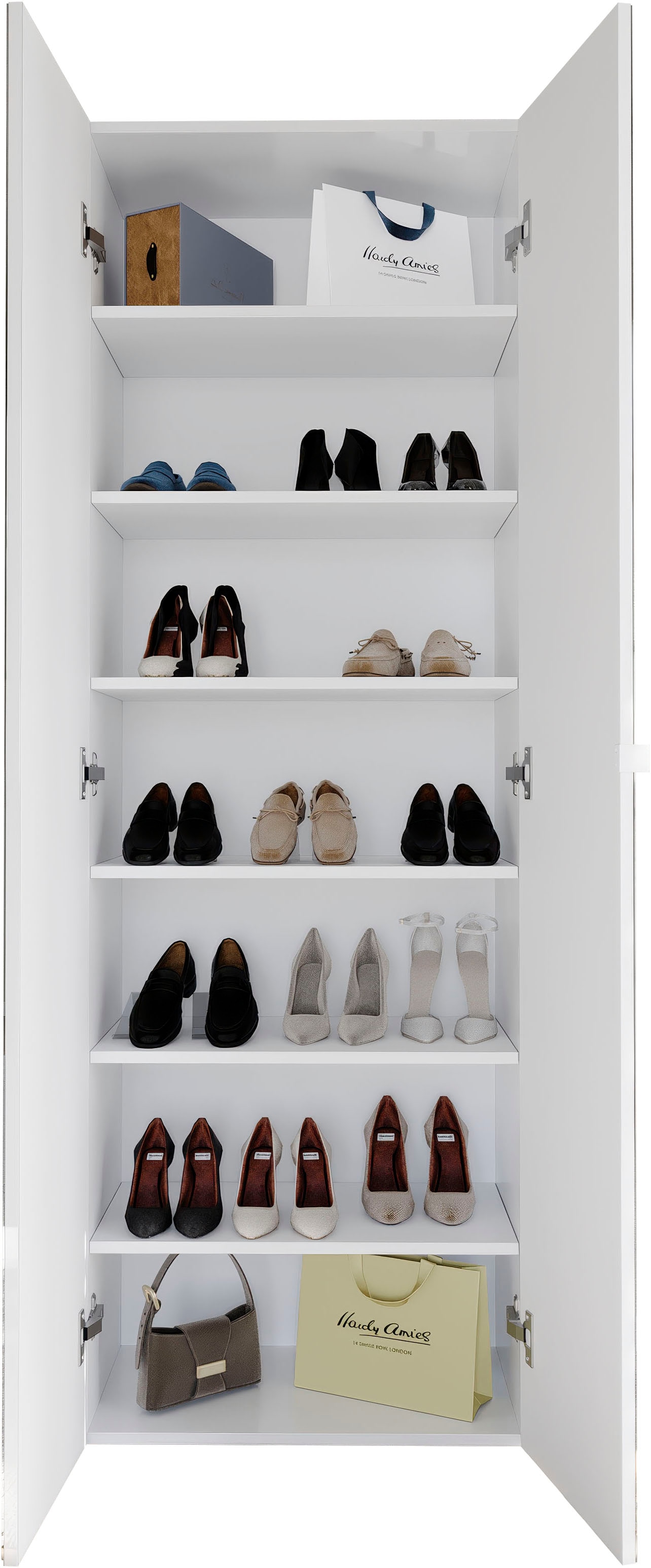 INOSIGN Schuhschrank »SMILE Höhe 184 cm, Weiss Hochglanz lackiert mit 2 Spiegeltüren,«, Schuhregal mit 7 Ebenen, Metallgriff, viel Stauraum, 4 Böden variabel