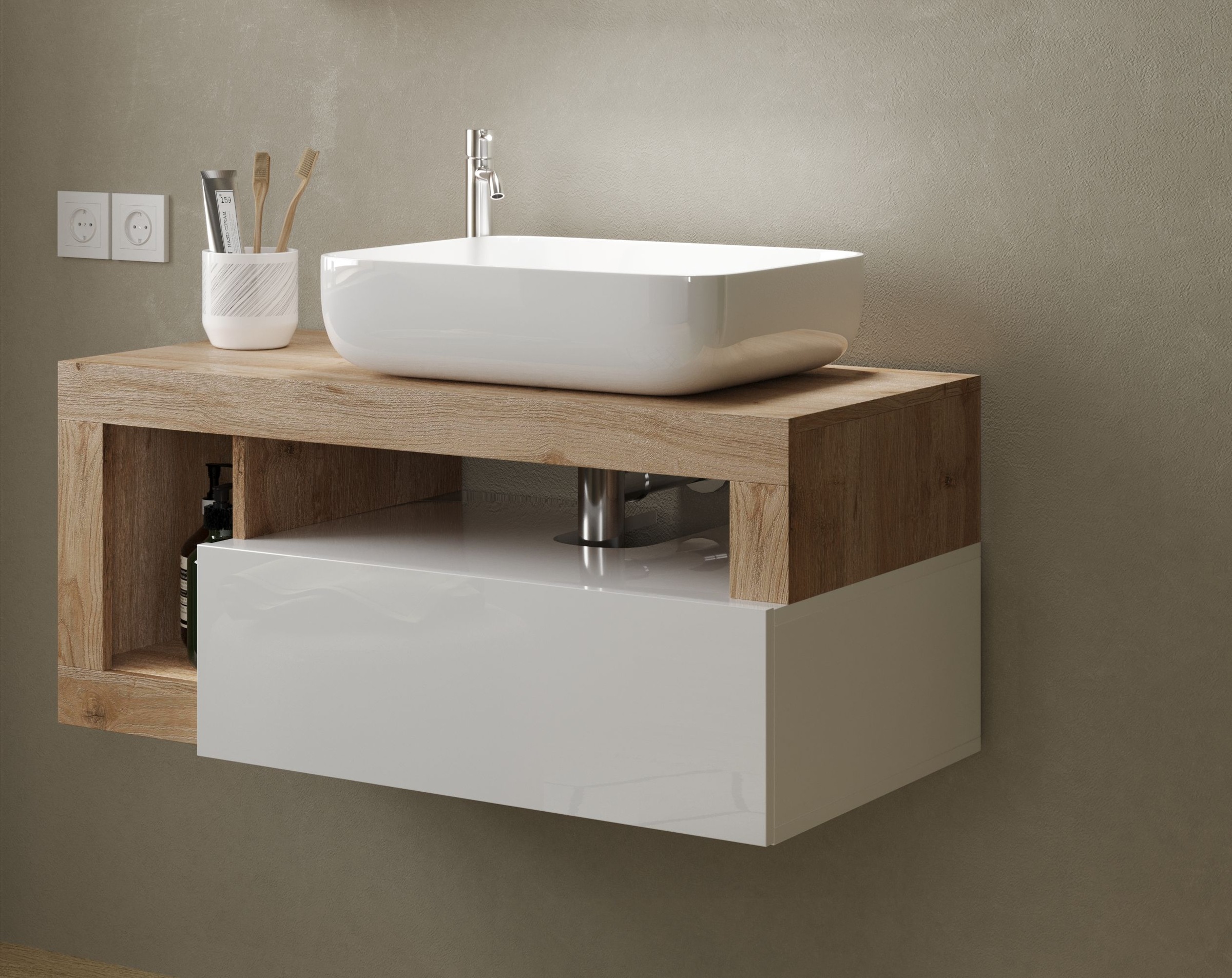 welltime Waschtisch »Hamburg«, 1 Schubkasten, Breite 92 cm, Soft-Close, inkl. Keramik-Aufsatzbecken