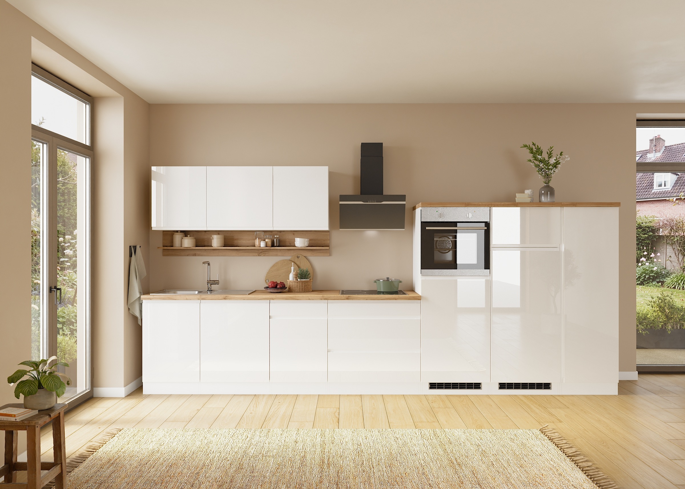 KOCHSTATION Küchenzeile "KS-Virginia,neu in verbesserter Ausführung" Arbeitsplatte 38 mm stark, Stauraum, Softclose, Breite 410 cm, Softclose, wahlweise mit E-Geräten und Induktion