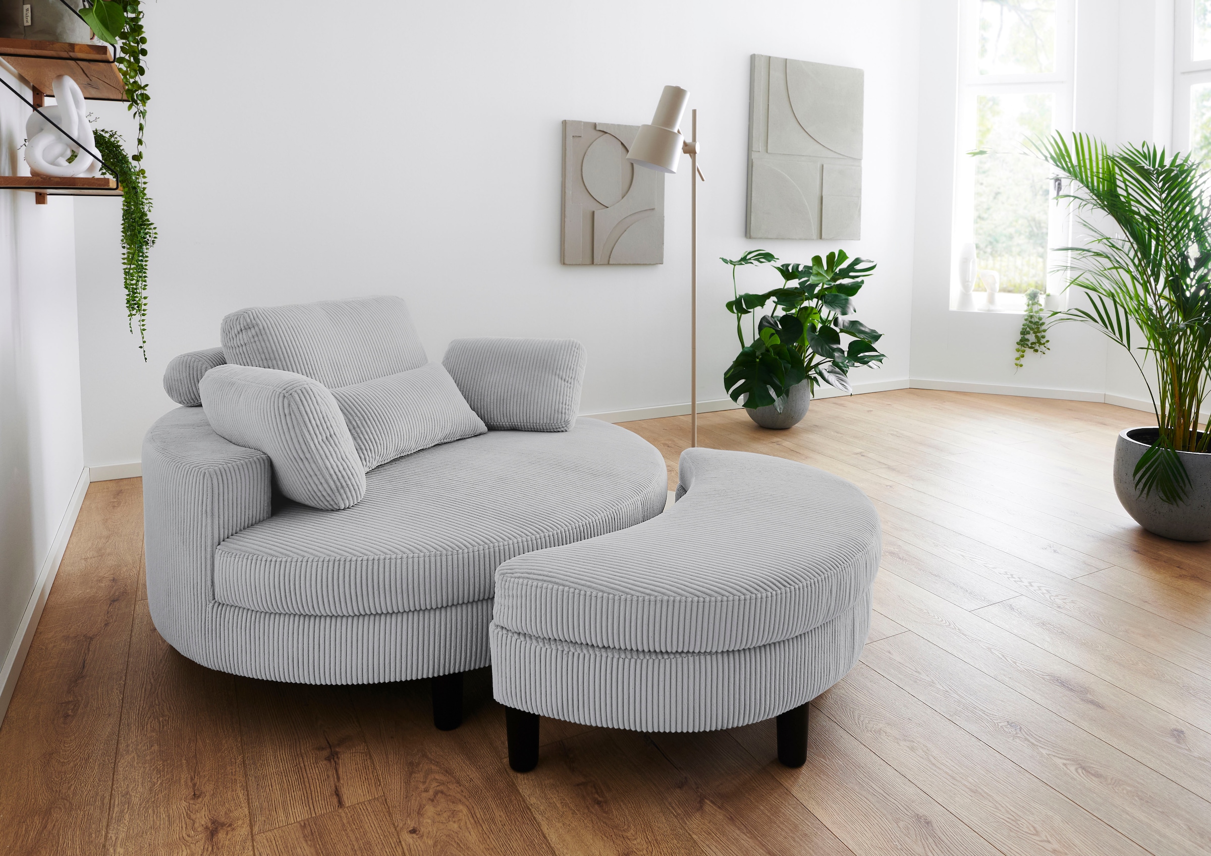ATLANTIC home collection Loveseat »Ravi, B: 114 cm«, XXL- Sessel, mit Stauraumhocker, Rückenstütze & 4 Zierkissen