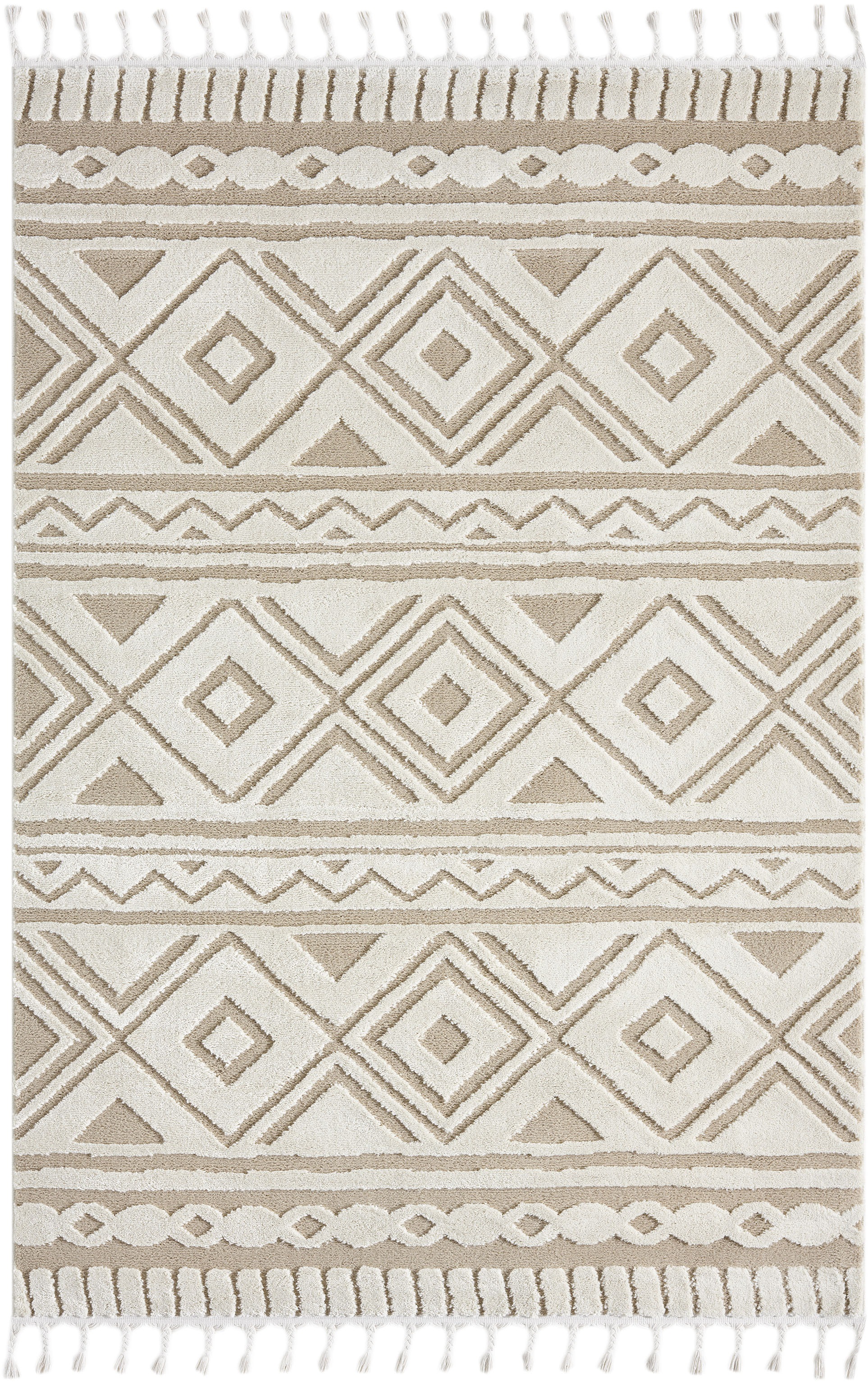 OTTO home Teppich "Bonvo" rechteckig 19 mm Höhe mit Fransen, Hoch-Tief-Struktur, Wohnzimmer, Schlafzimmer, Boho-Style
