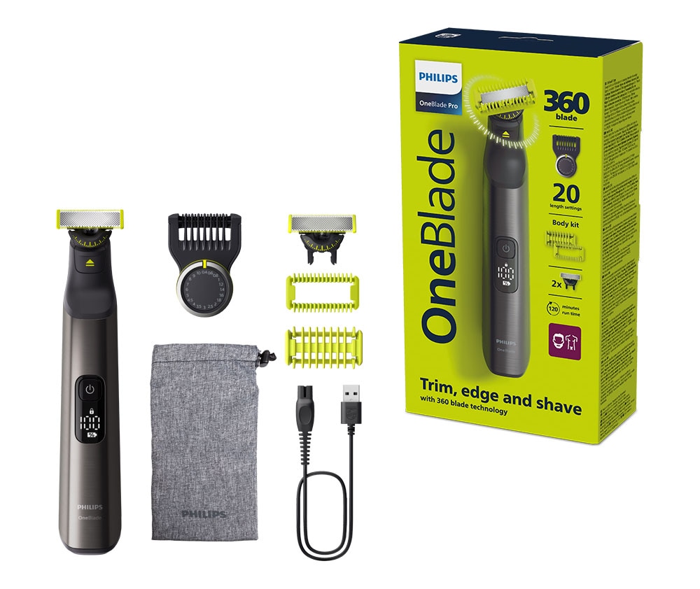 Philips Elektrorasierer "OneBlade Pro 360 Face & Body QP6552/30" 3 Aufsätze 360 Grad Klinge, 20 Längeneinstellungen, inkl. Aufbewahrungstasche