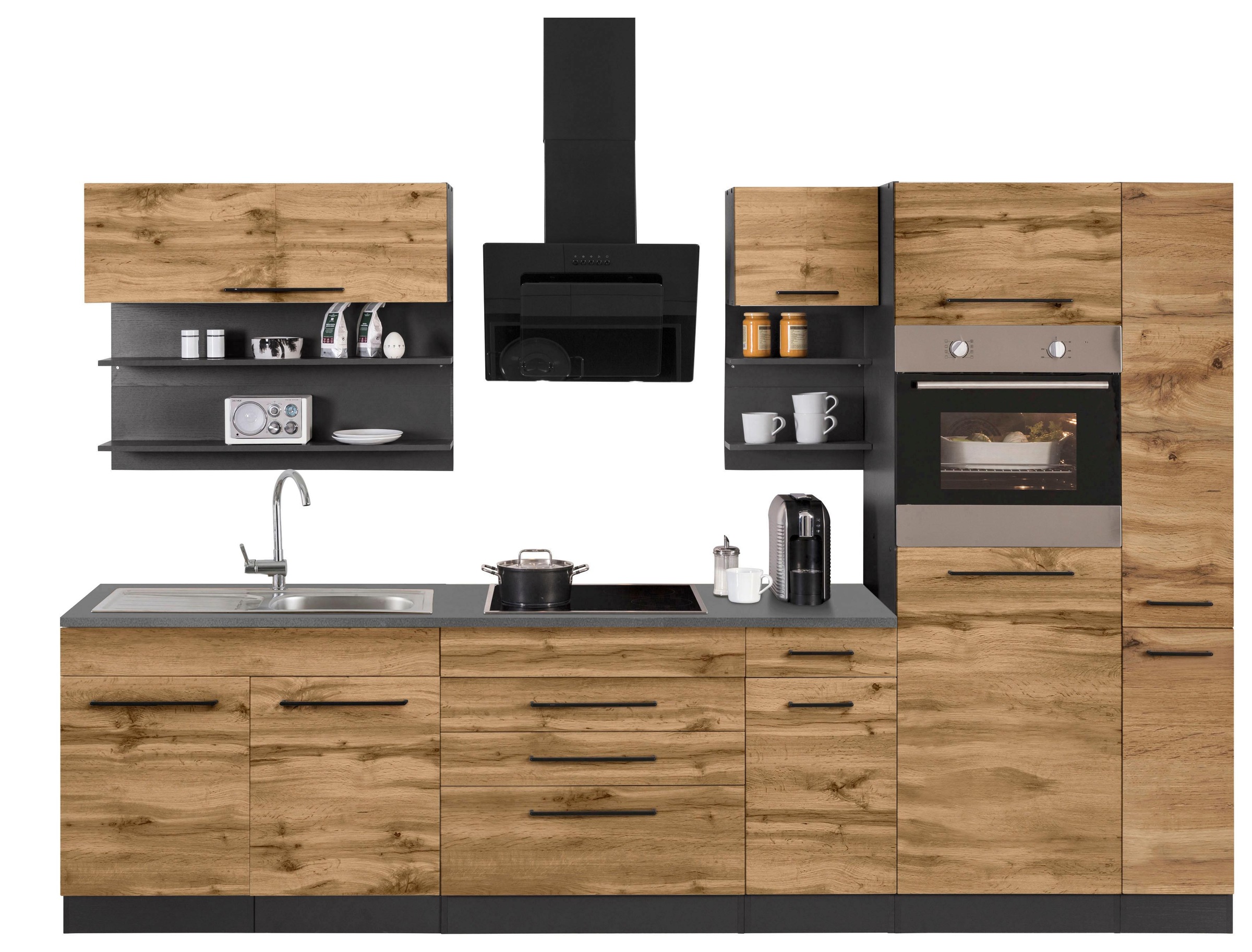 KOCHSTATION Küchenzeile "KS-Tulsa" ohne E-Geräte, Breite 320 cm, schwarze Metallgriffe, MDF Fronten