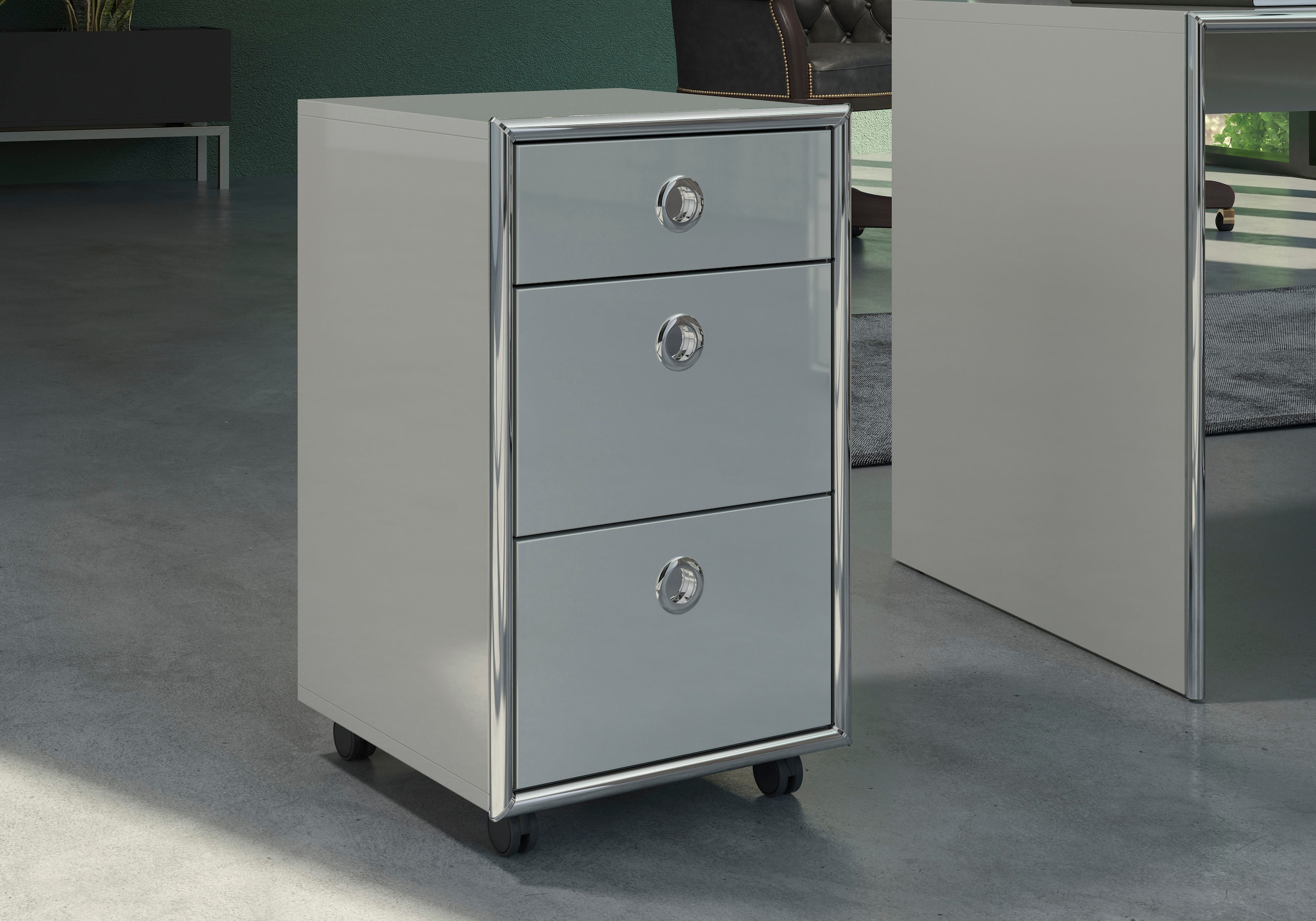 Places of Style Rollcontainer »Imperia«, Büroschrank auf Rollen, Hochglanz mit elegantem Chromrahmen